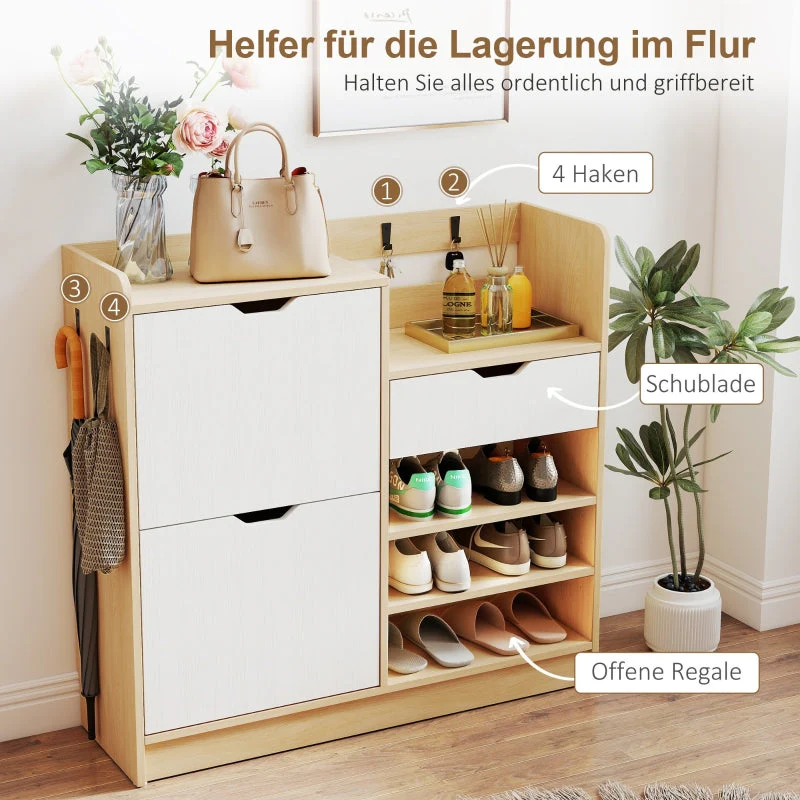 Shoe Rack with Tilting Drawers, Open Shelves, 4 Hooks, 14 Pairs, Natural - Image 6