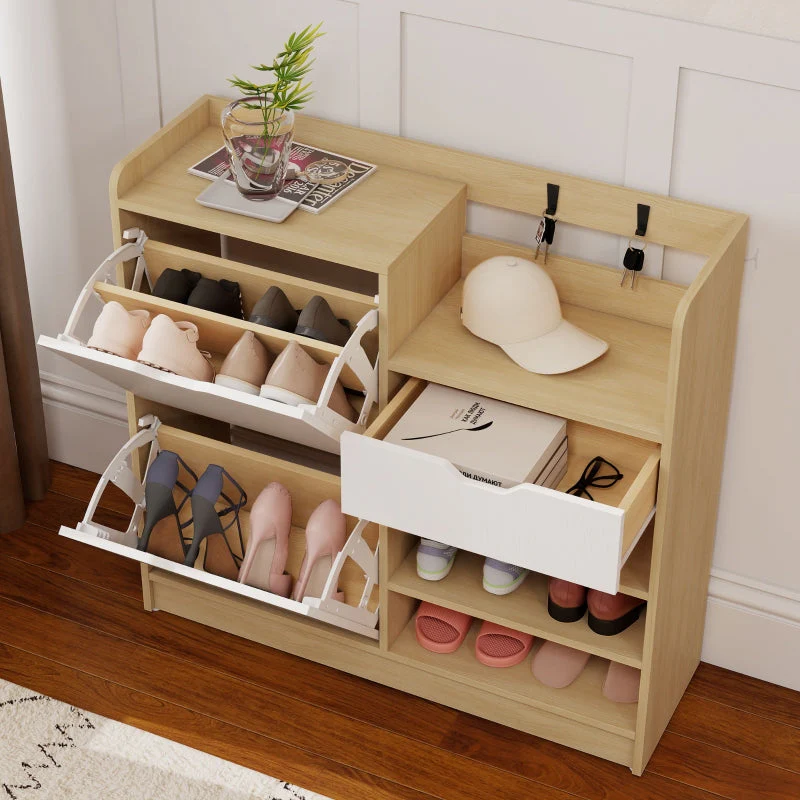 Shoe Rack with Tilting Drawers, Open Shelves, 4 Hooks, 14 Pairs, Natural - Image 8