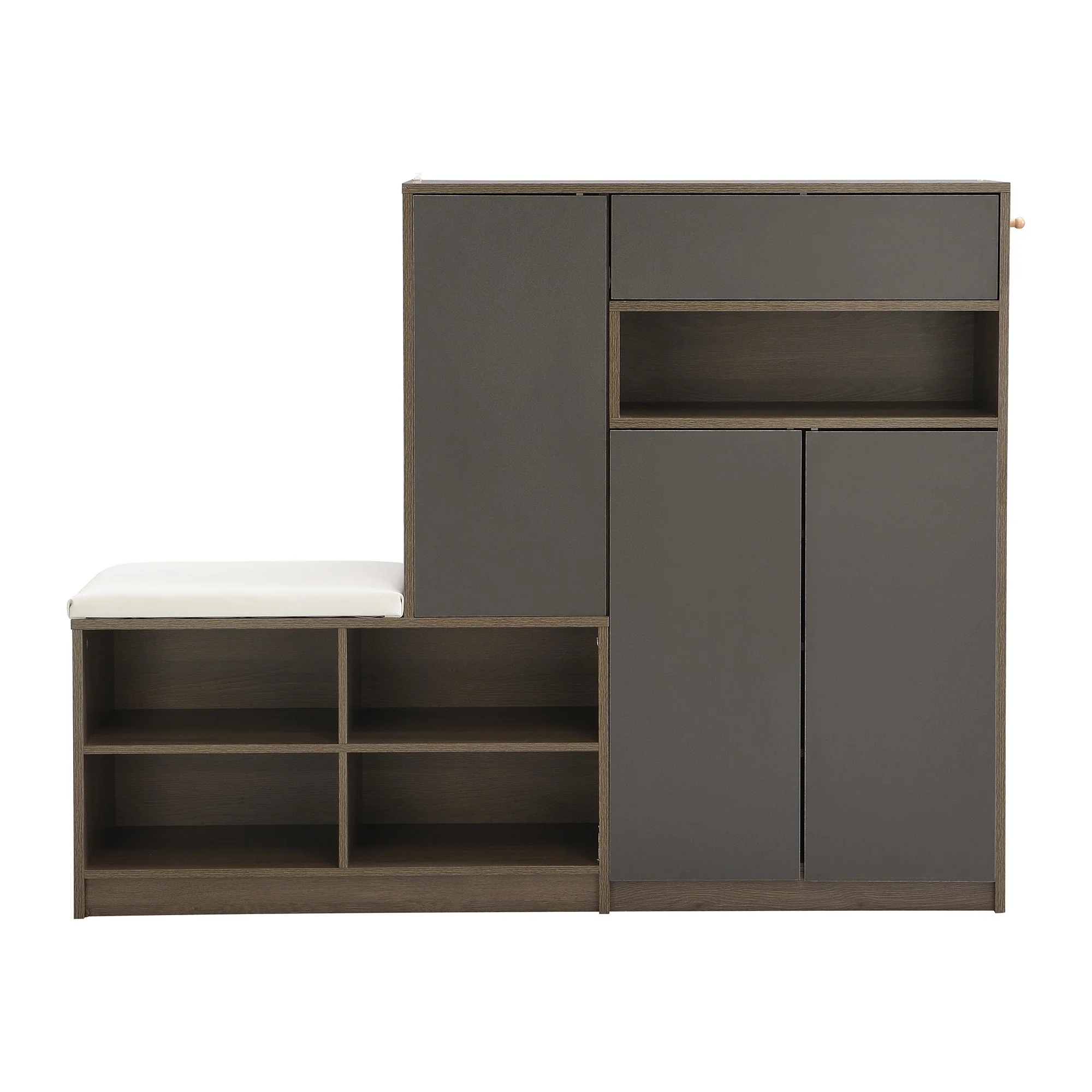 Shoe storage bench and cabinet with padded seat, adjustable shelves, gray - Image 3