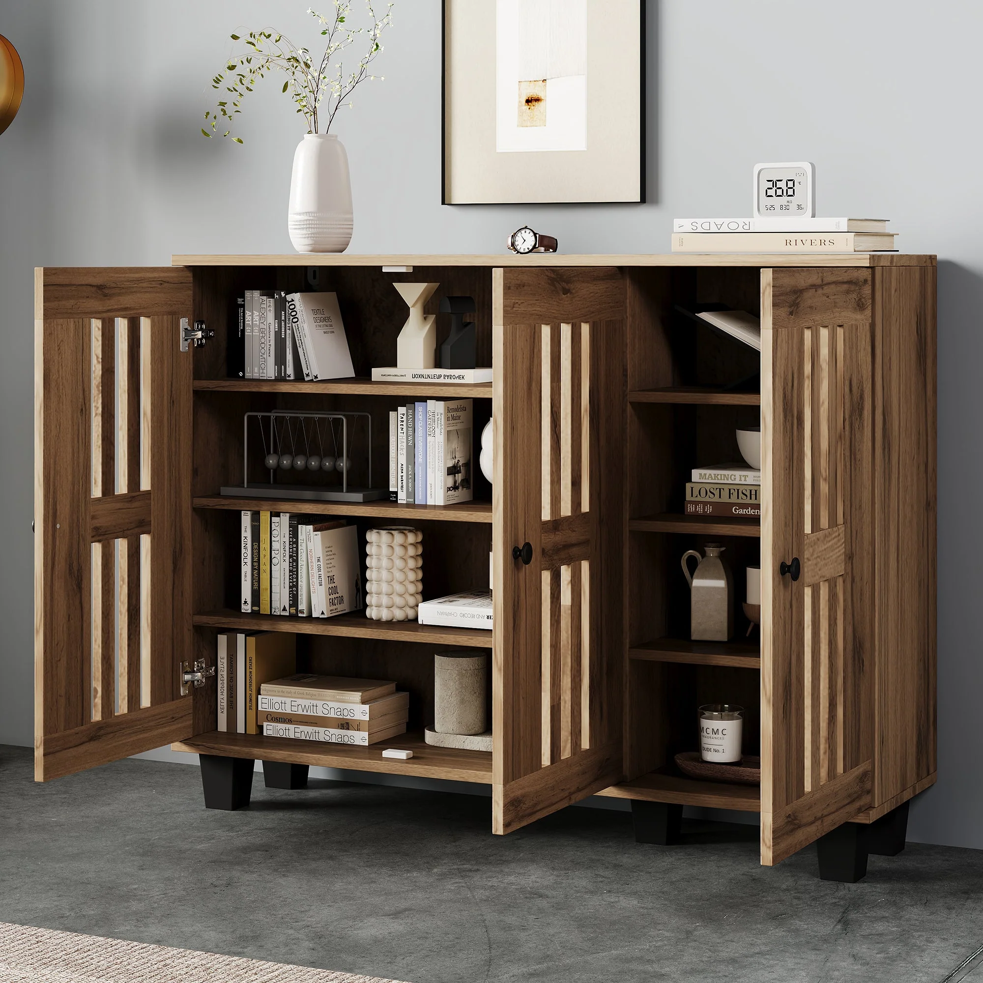 Side Cabinet, 120x32x92cm 3-Door with 8 Storage Compartments for Living Room, Bedroom, Office, Entryway - Image 2