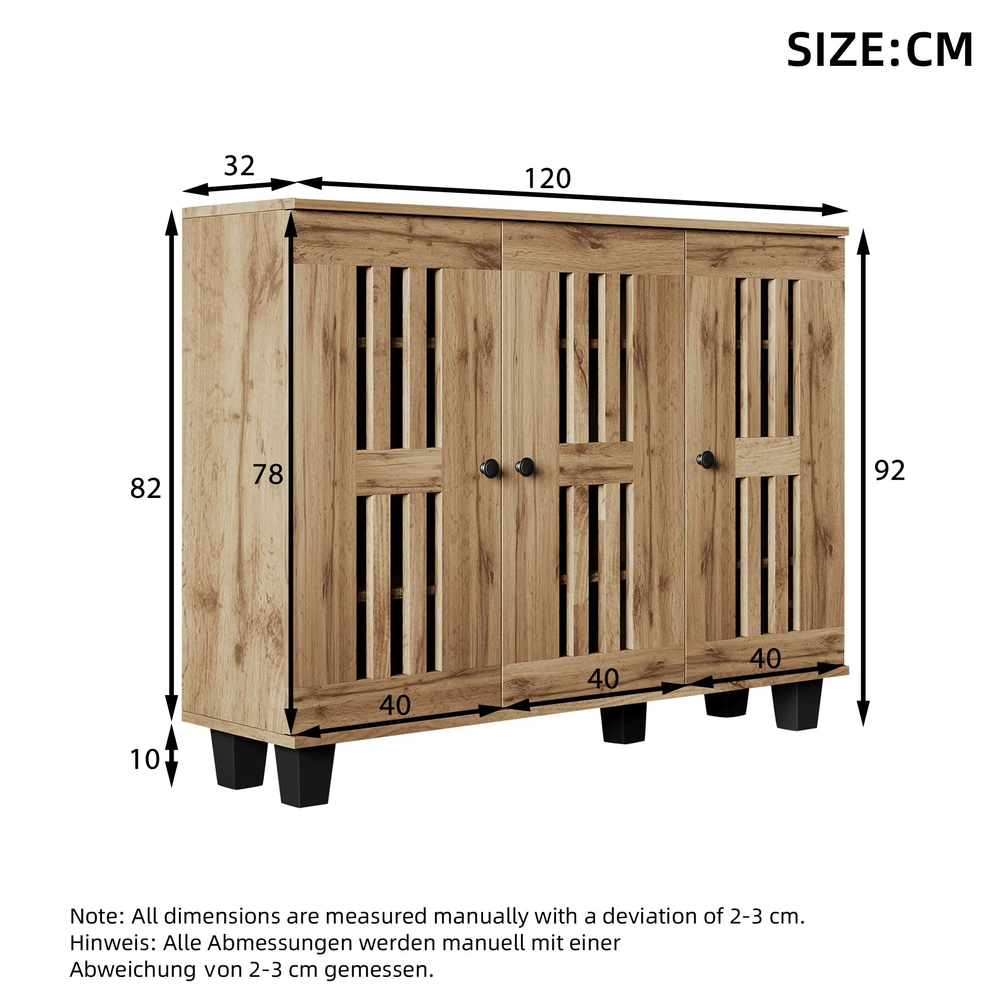 Side Cabinet, 120x32x92cm 3-Door with 8 Storage Compartments for Living Room, Bedroom, Office, Entryway - Image 3