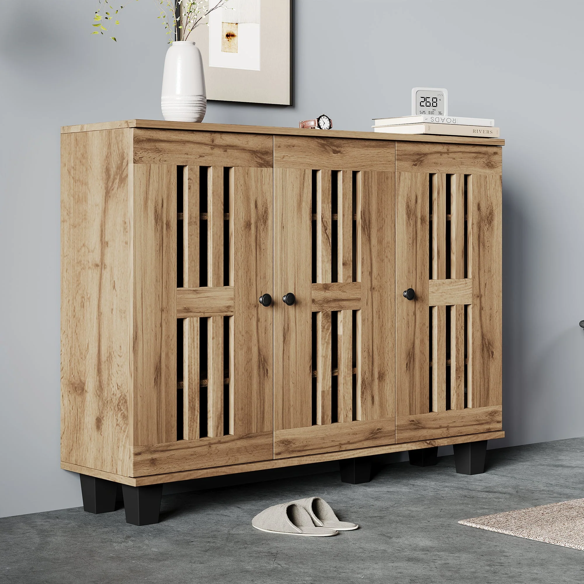 Side Cabinet, 120x32x92cm 3-Door with 8 Storage Compartments for Living Room, Bedroom, Office, Entryway - Image 4