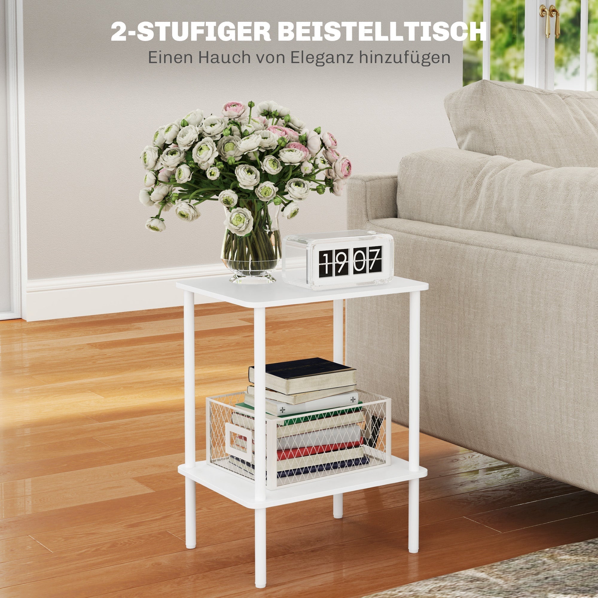 Side Table, 2-Tier Coffee Table with Storage, Metal Frame, White - Image 4