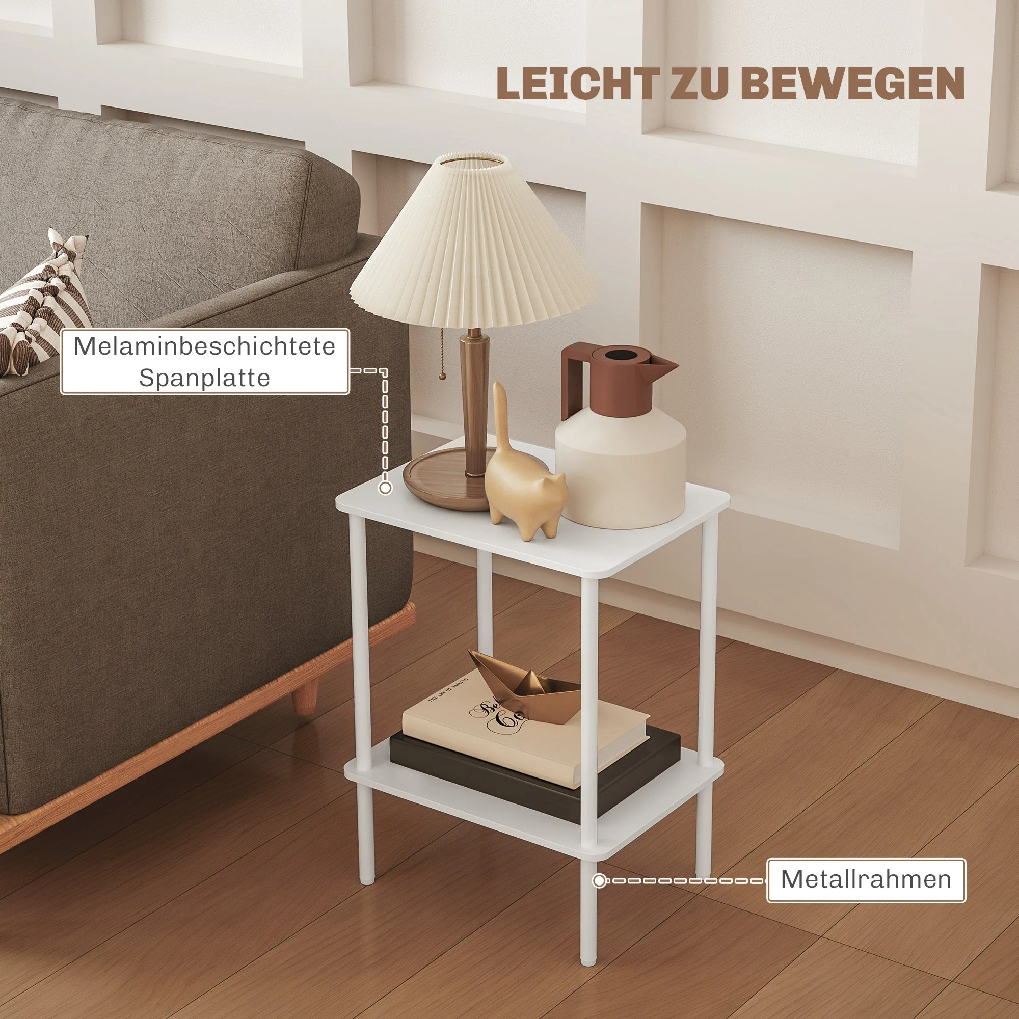 Side Table, 2-Tier Coffee Table with Storage, Metal Frame, White - Image 5