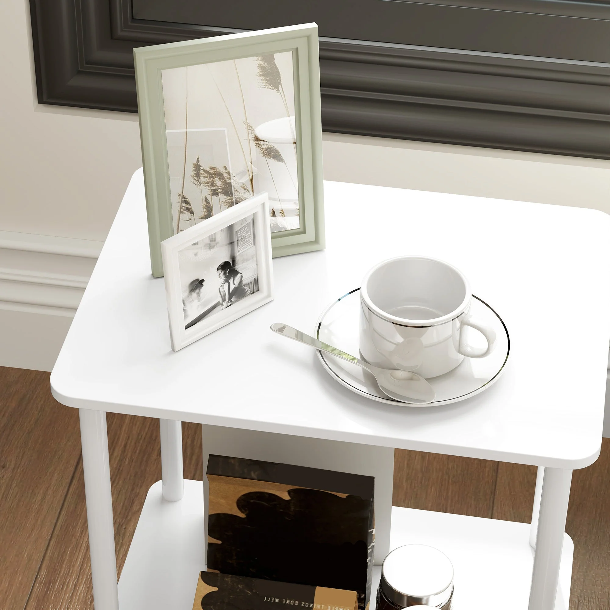 Side Table, 2-Tier Coffee Table with Storage, Metal Frame, White - Image 7