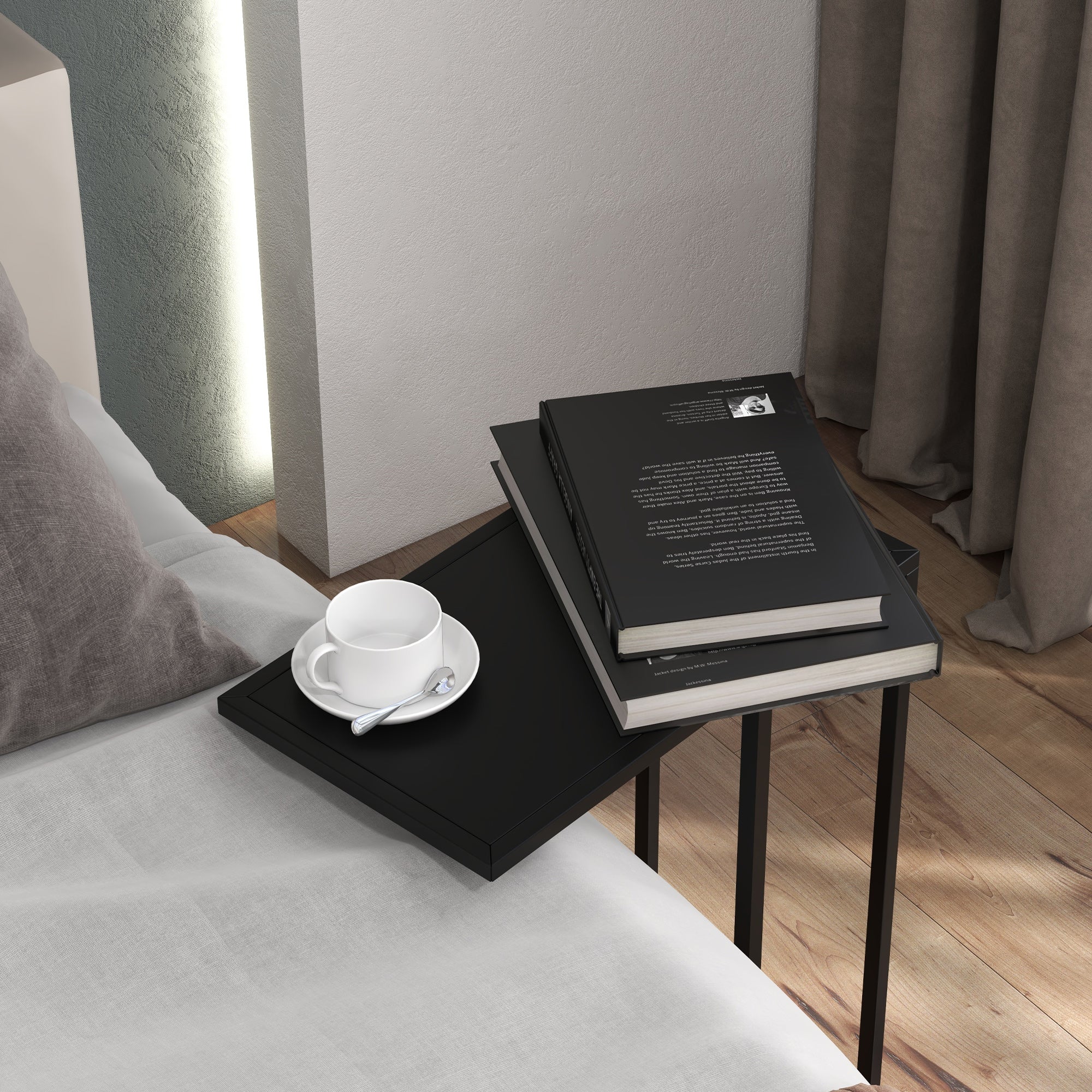 Side Table C-Shaped Laptop Bedside with Steel Frame, Black - Image 7