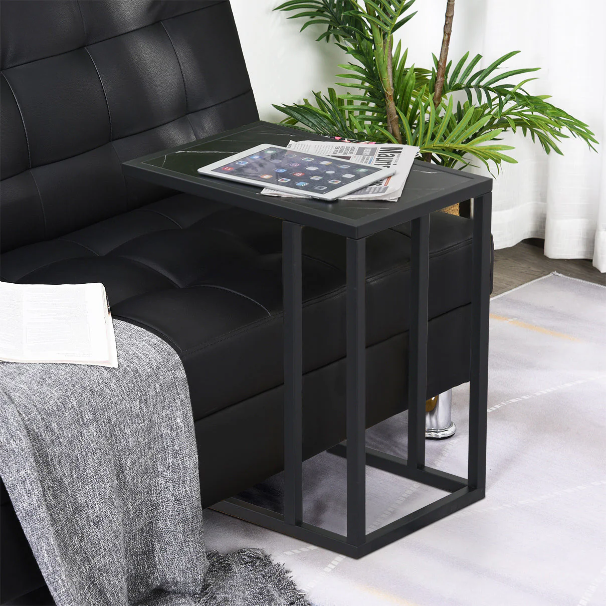 Side Table Coffee Table Marble Look Metal Frame, Black