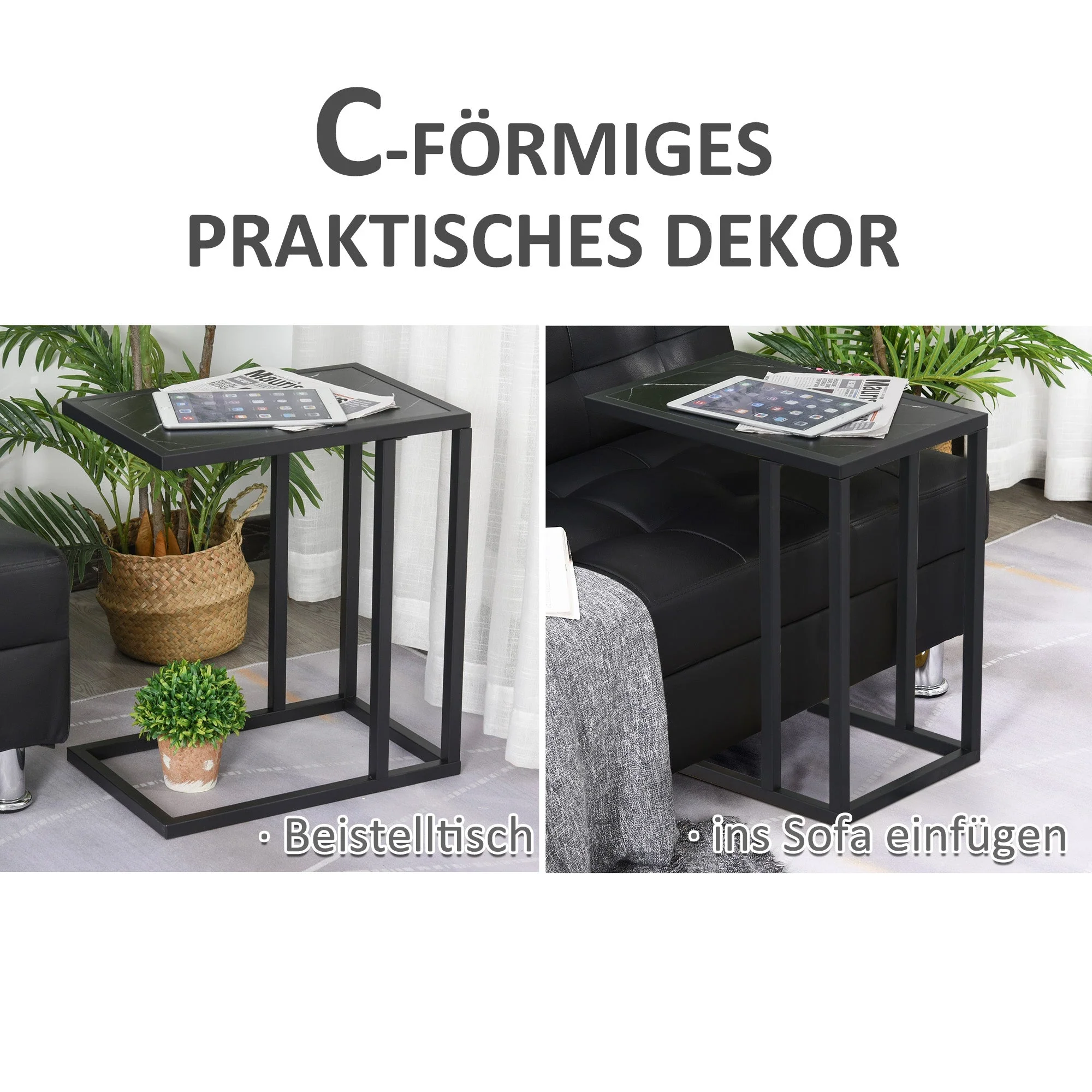 Side Table Coffee Table Marble Look Metal Frame, Black - Image 4