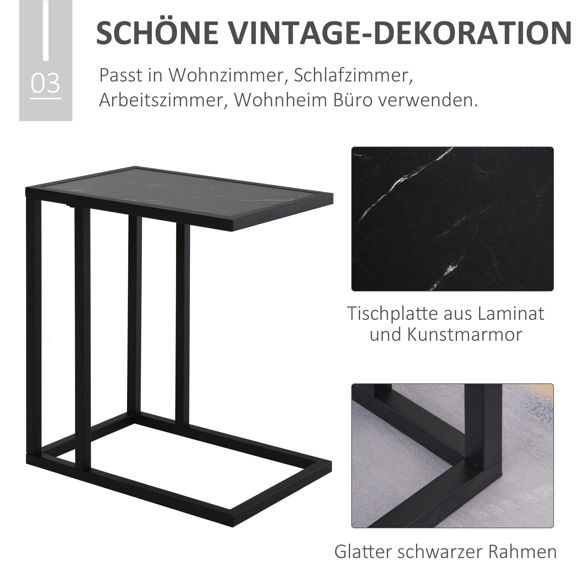 Side Table Coffee Table Marble Look Metal Frame, Black - Image 6