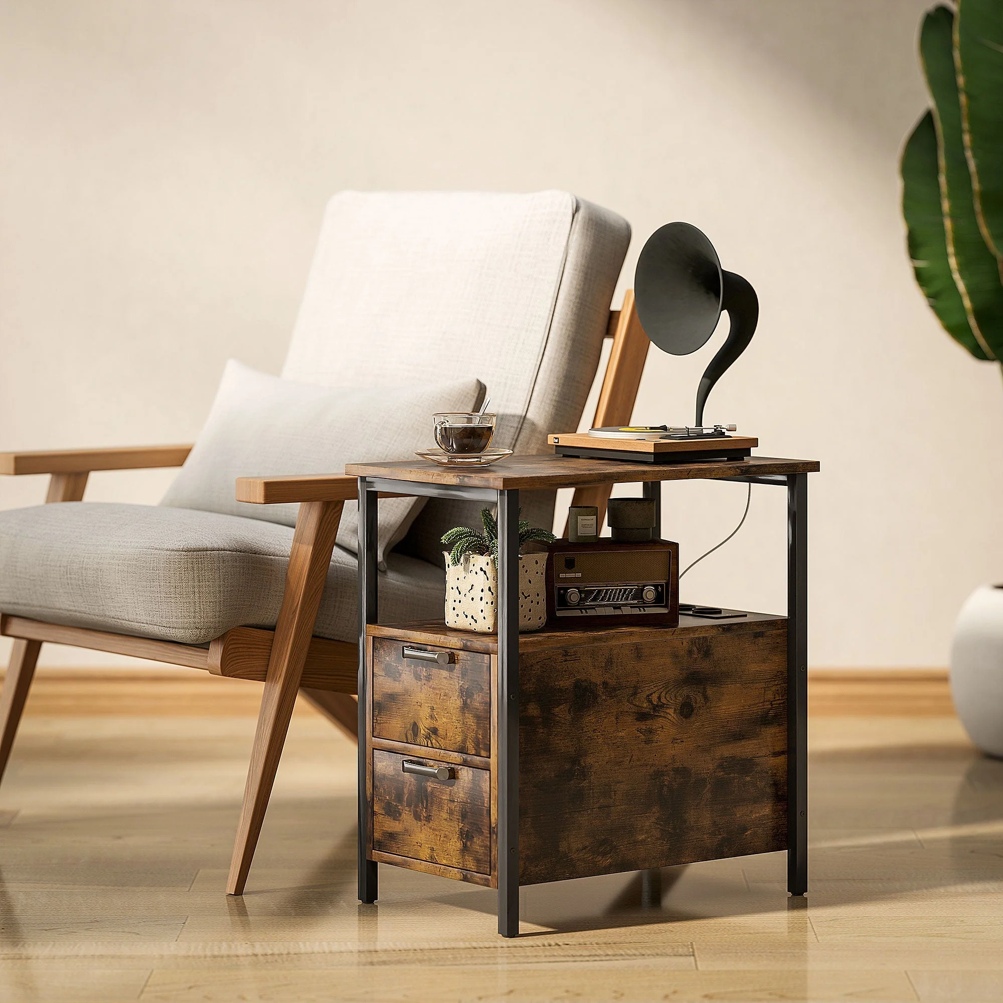 Side Table Coffee Table with Charging Station, 2 Drawers, Rustic Brown - Image 2