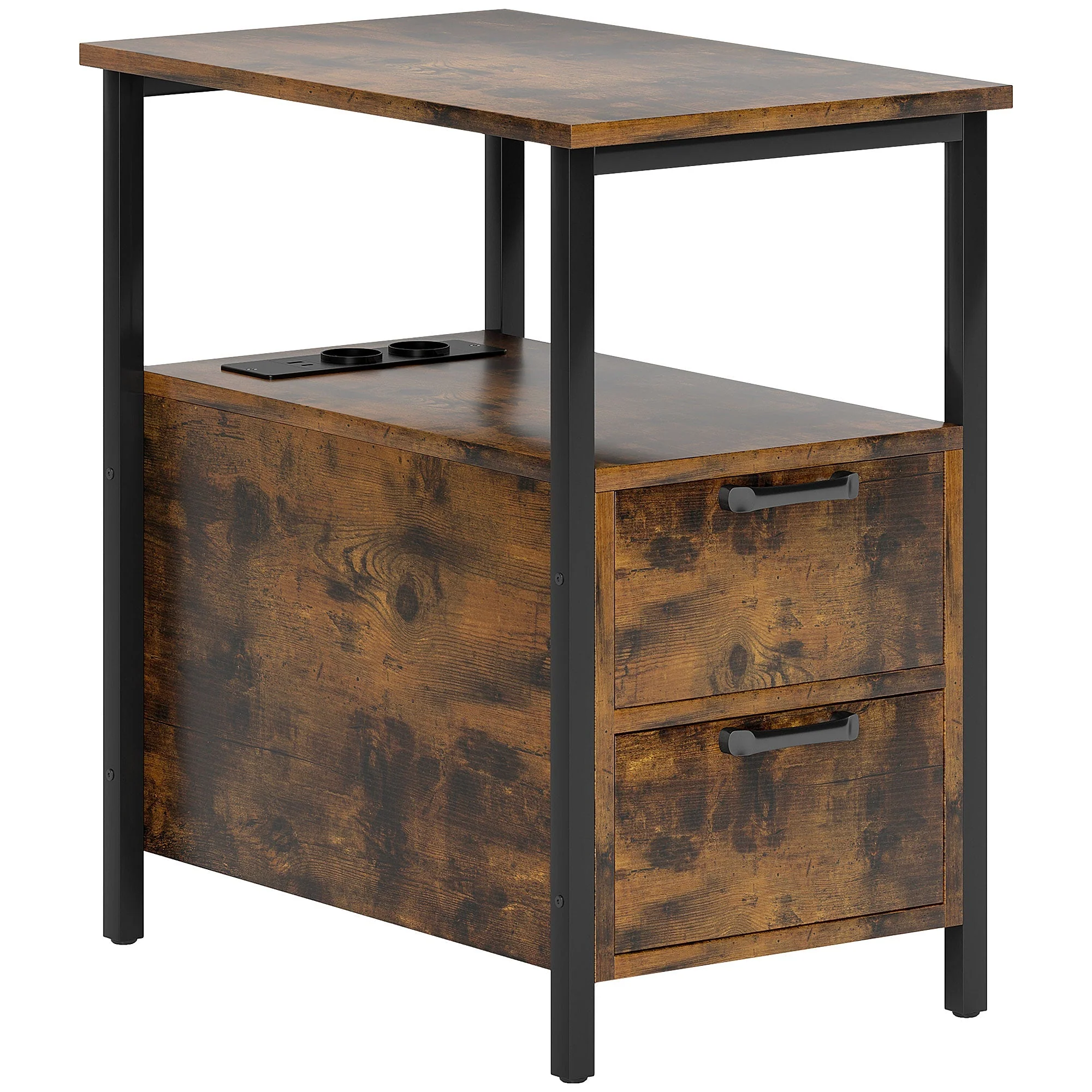 Side Table Coffee Table with Charging Station, 2 Drawers, Rustic Brown - Image 3