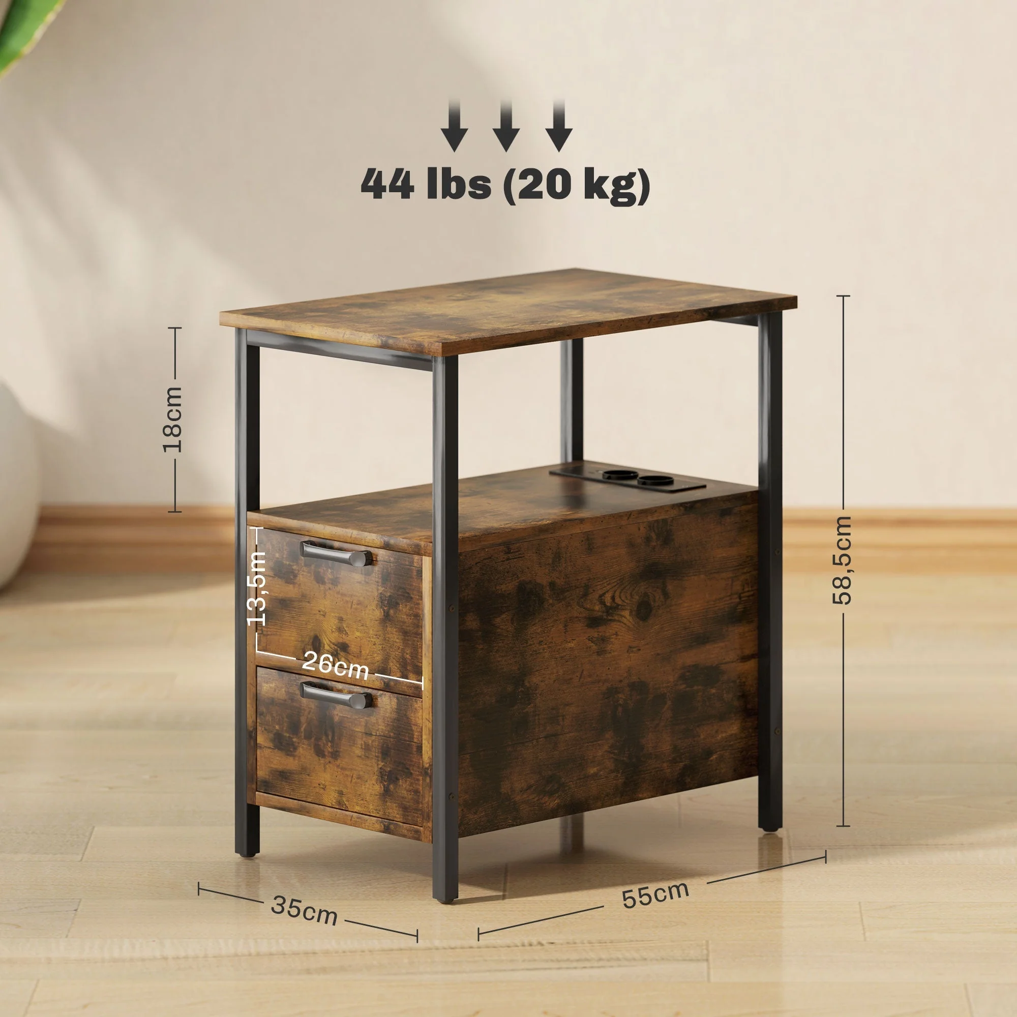 Side Table Coffee Table with Charging Station, 2 Drawers, Rustic Brown - Image 4