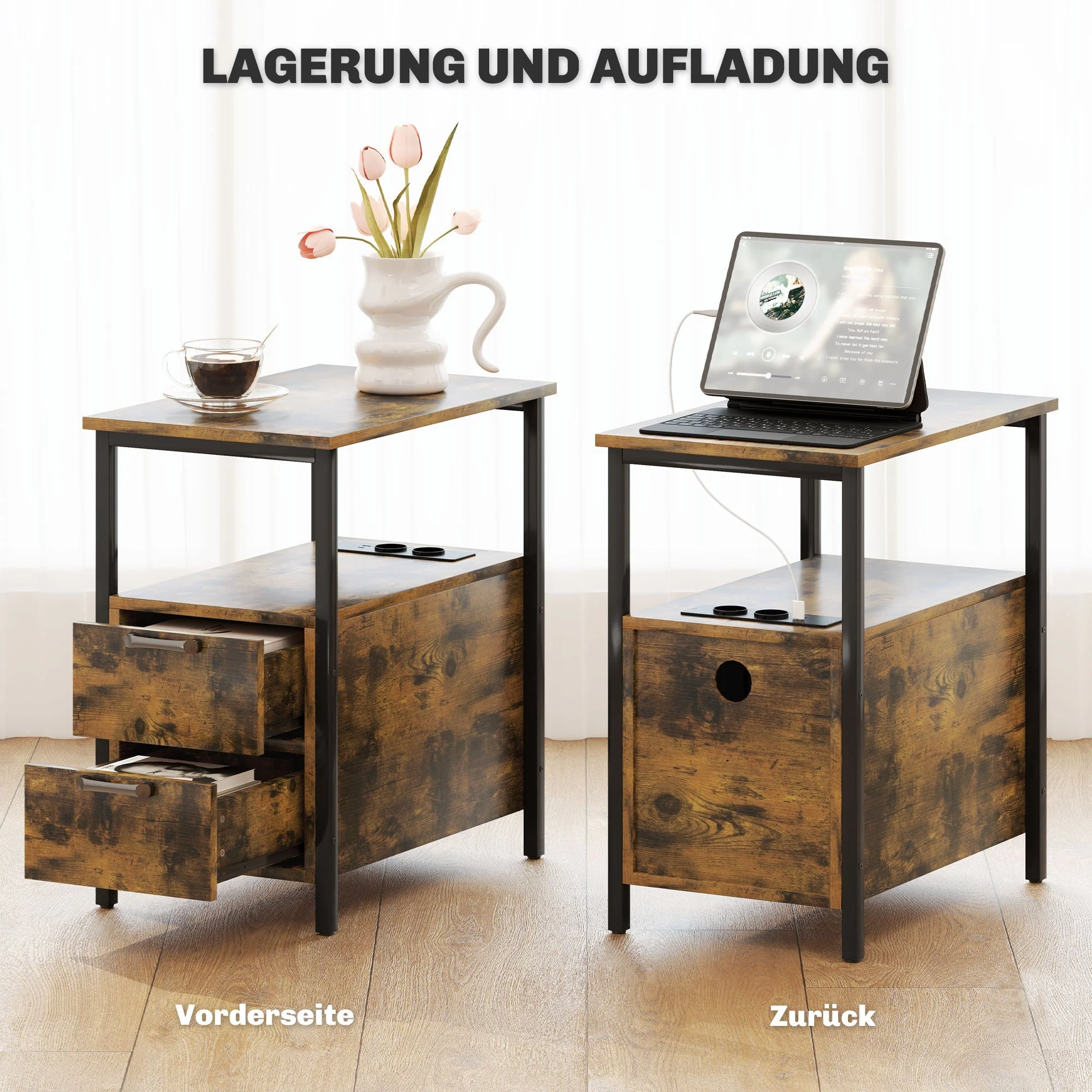 Side Table Coffee Table with Charging Station, 2 Drawers, Rustic Brown - Image 5