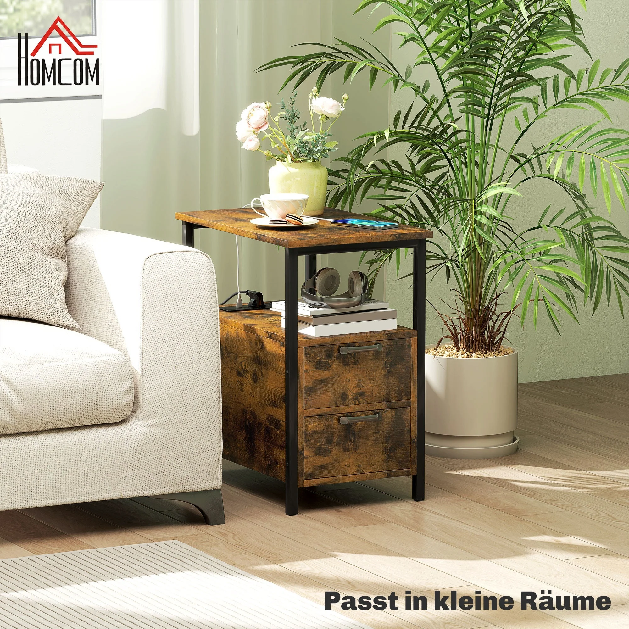 Side Table Coffee Table with Charging Station, 2 Drawers, Rustic Brown - Image 6