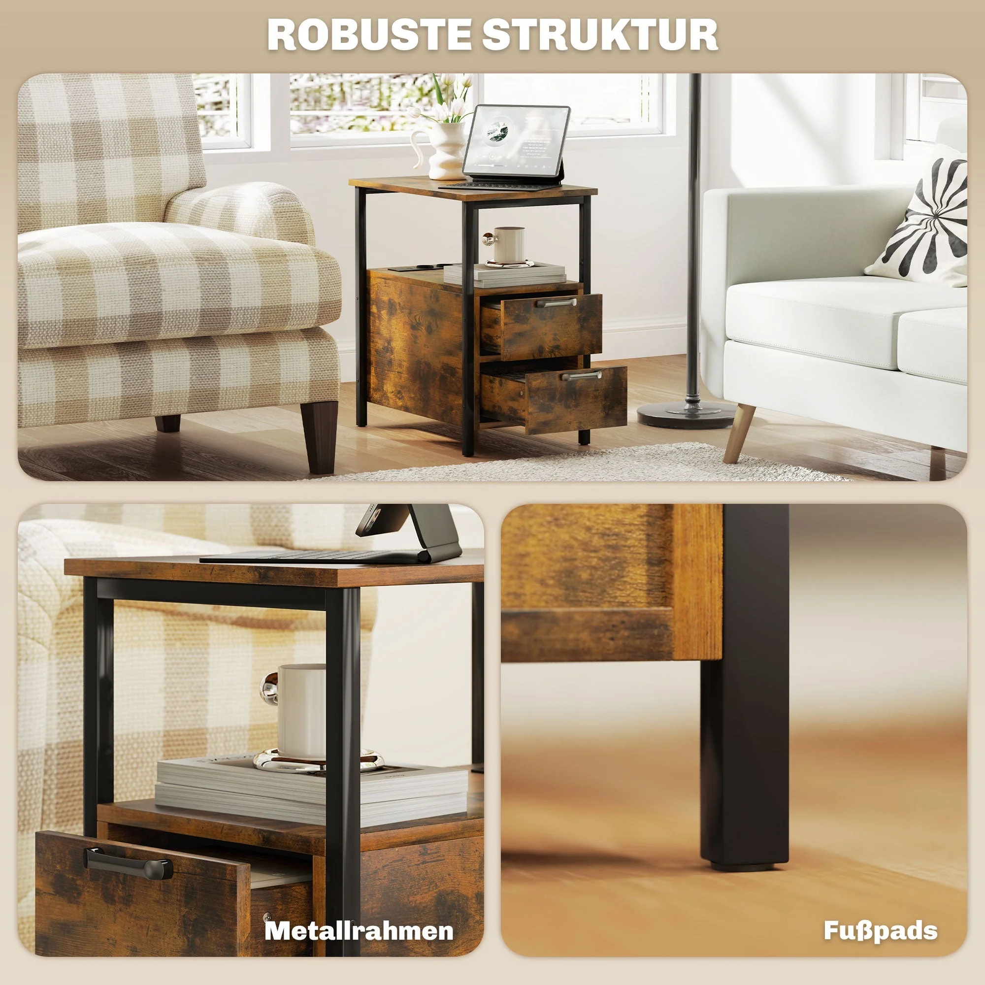 Side Table Coffee Table with Charging Station, 2 Drawers, Rustic Brown - Image 7