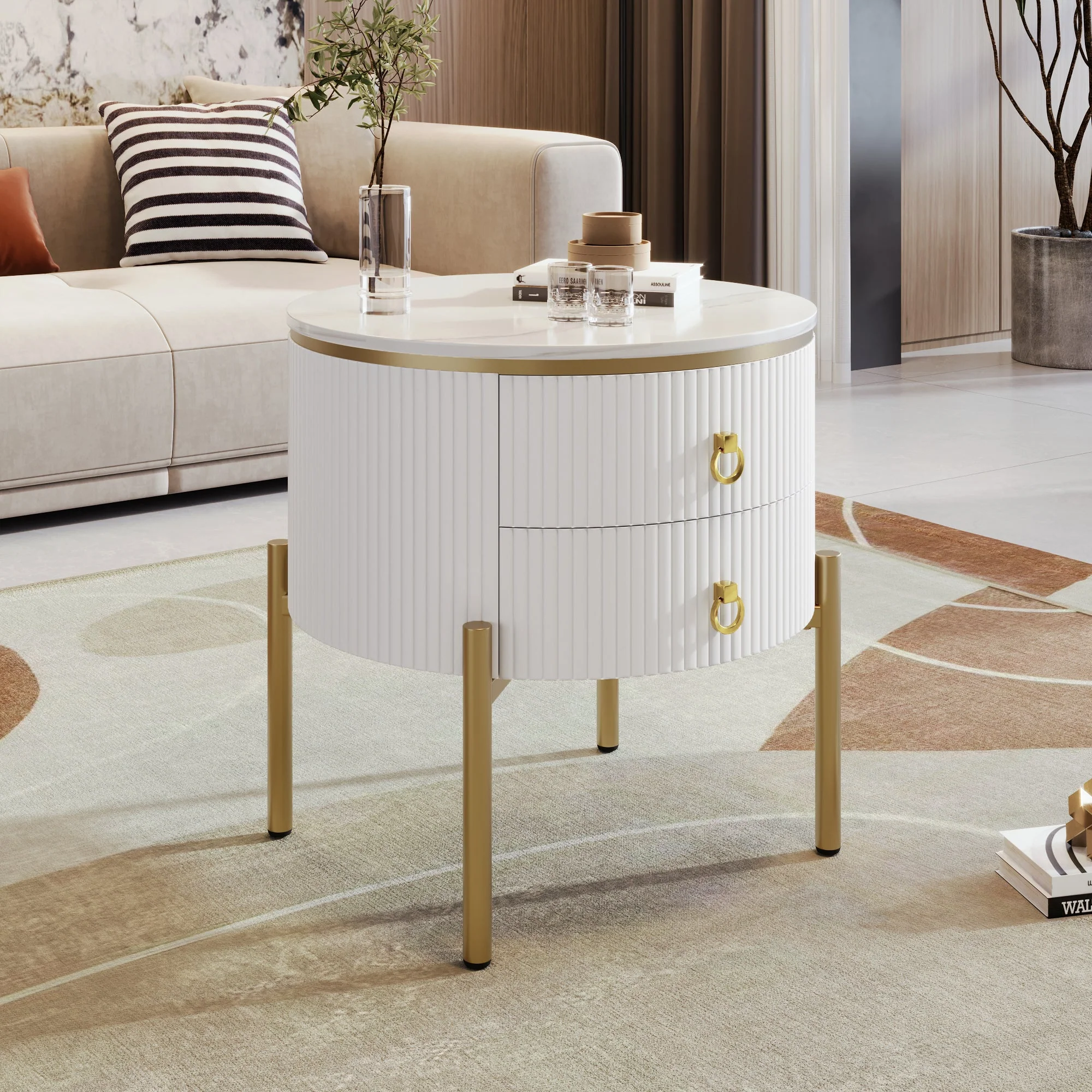 Side Table Coffee Table with Drawers, Adjustable, Gold Legs and Handles, Marble Texture - Image 5