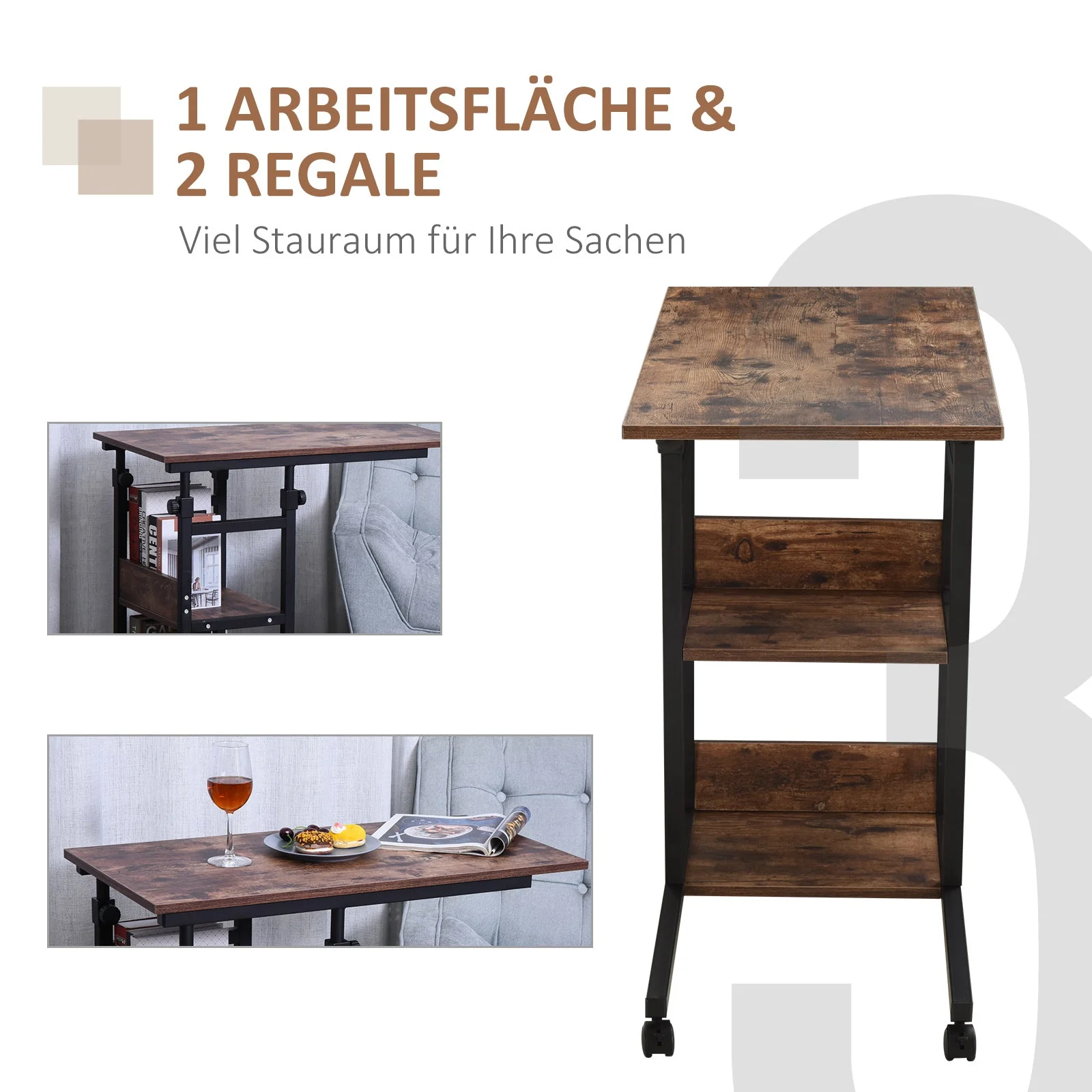 Side Table, Height-Adjustable Coffee Table 80x40x72-82 cm 2 Shelves Black Metal - Image 5