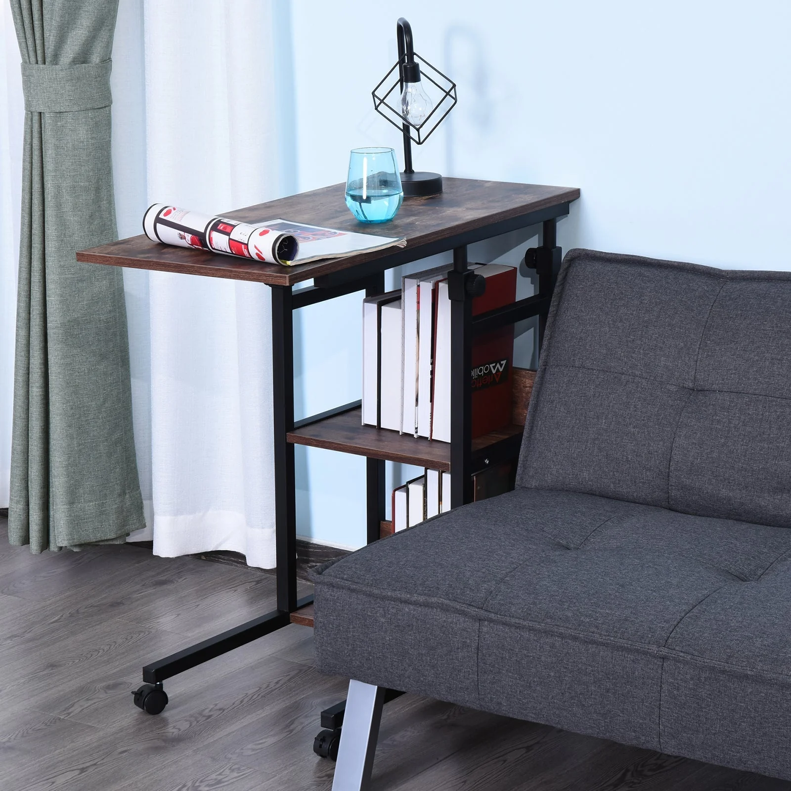 Side Table, Height-Adjustable Coffee Table 80x40x72-82 cm 2 Shelves Black Metal - Image 8