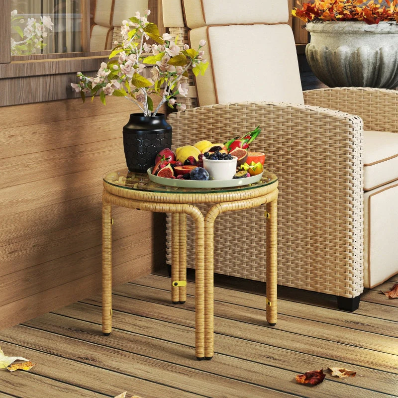Side Table, Round Coffee Table, Glass Top, Polyrattan, Yellow - Image 7