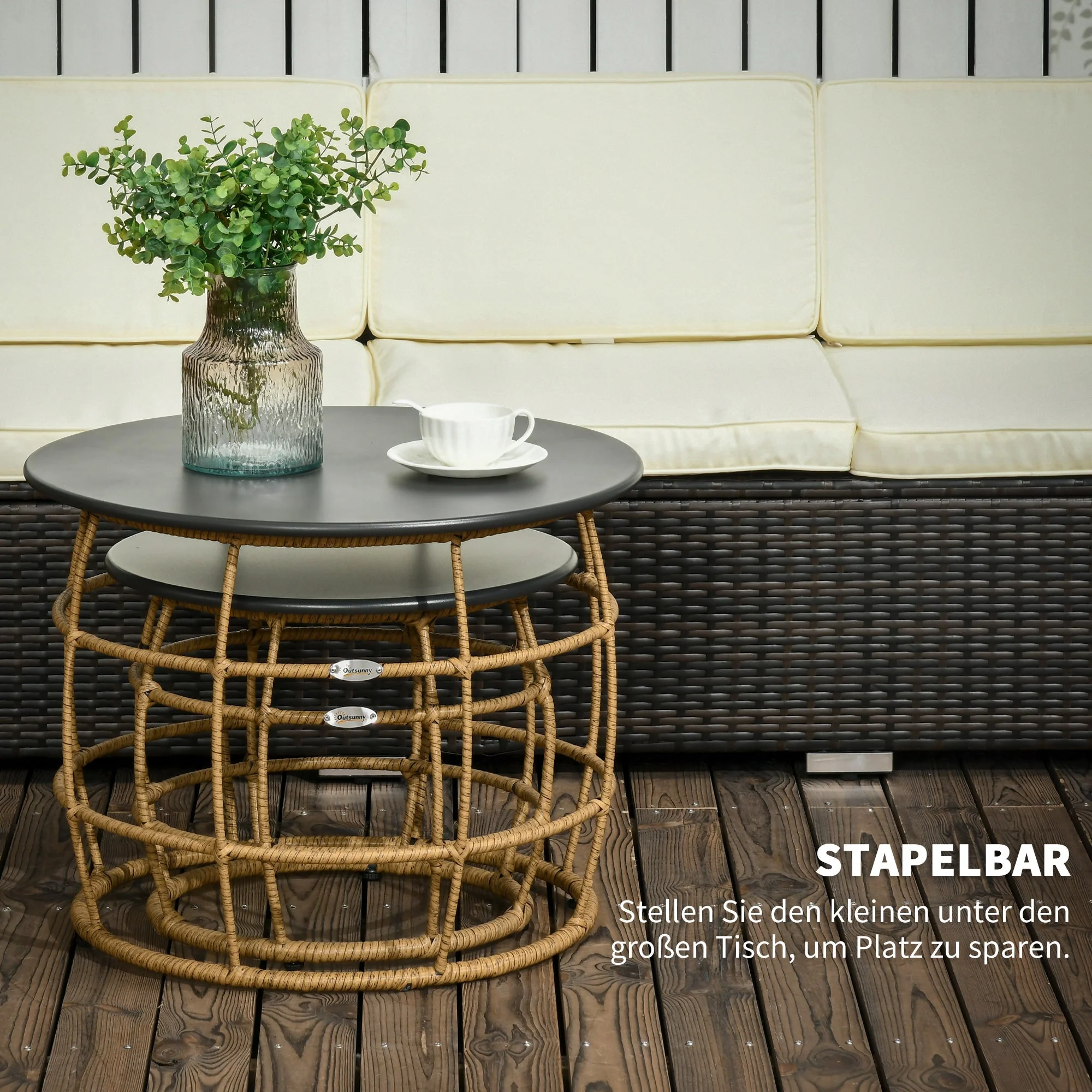 Side Table Set, 2 Coffee Tables with Hand-Woven Table Top, Sand - Image 4