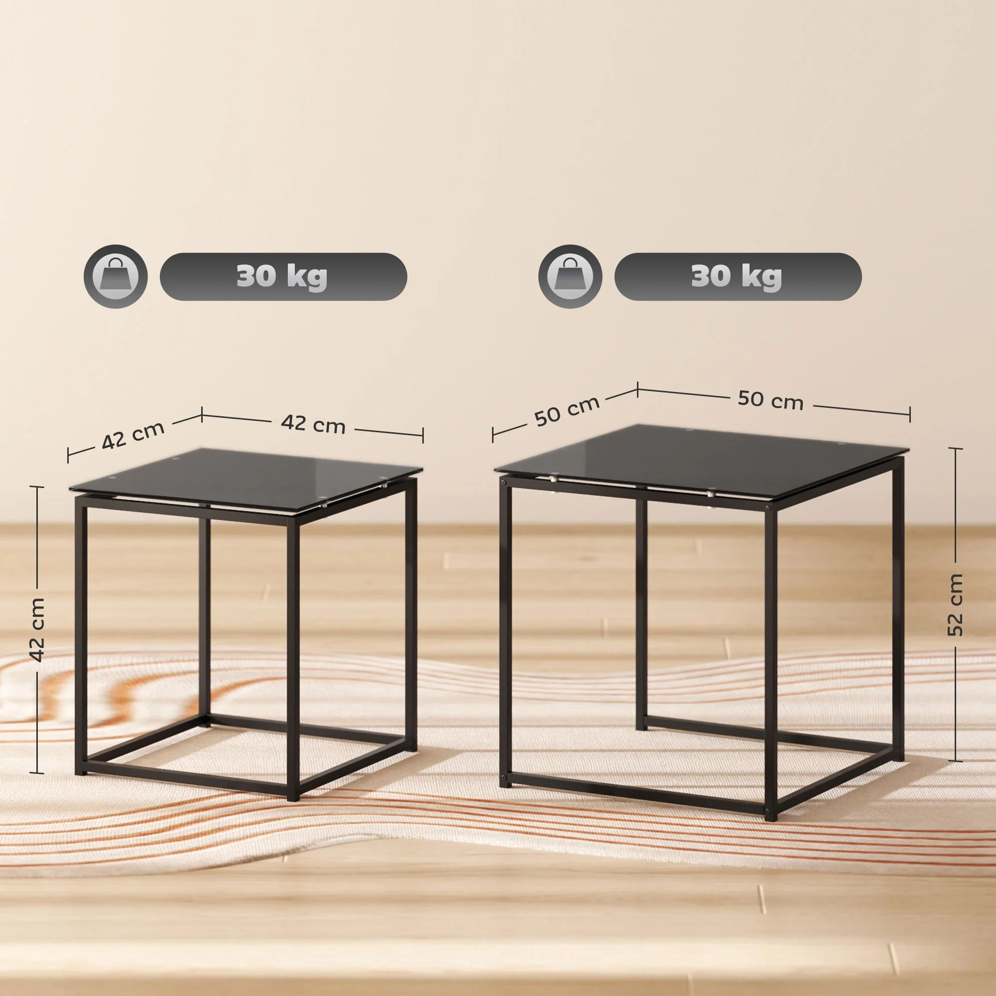 Side Table Set of 2, Coffee Table with Glass Top, Square, Black Steel - Image 3