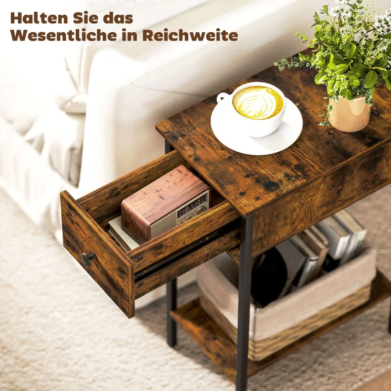 Side Table with Open Compartment and Drawer, Metal Legs, Wood, Brown - Image 4