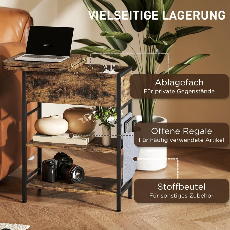 Side Table with Power Strip, 2 Levels, USB Ports, Rustic Brown - Image 4