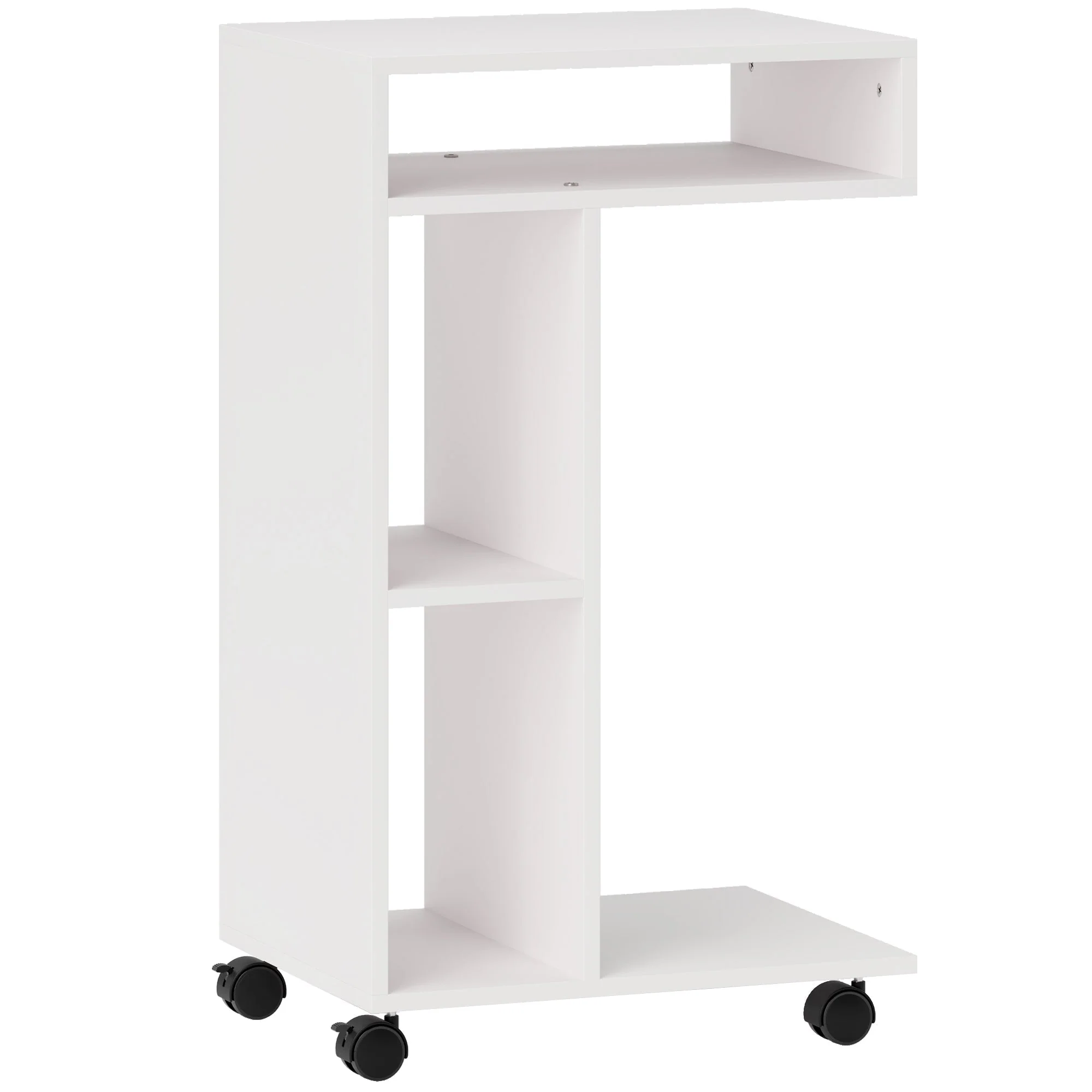 Side Table with Wheels, 4 Shelves, White - Image 2