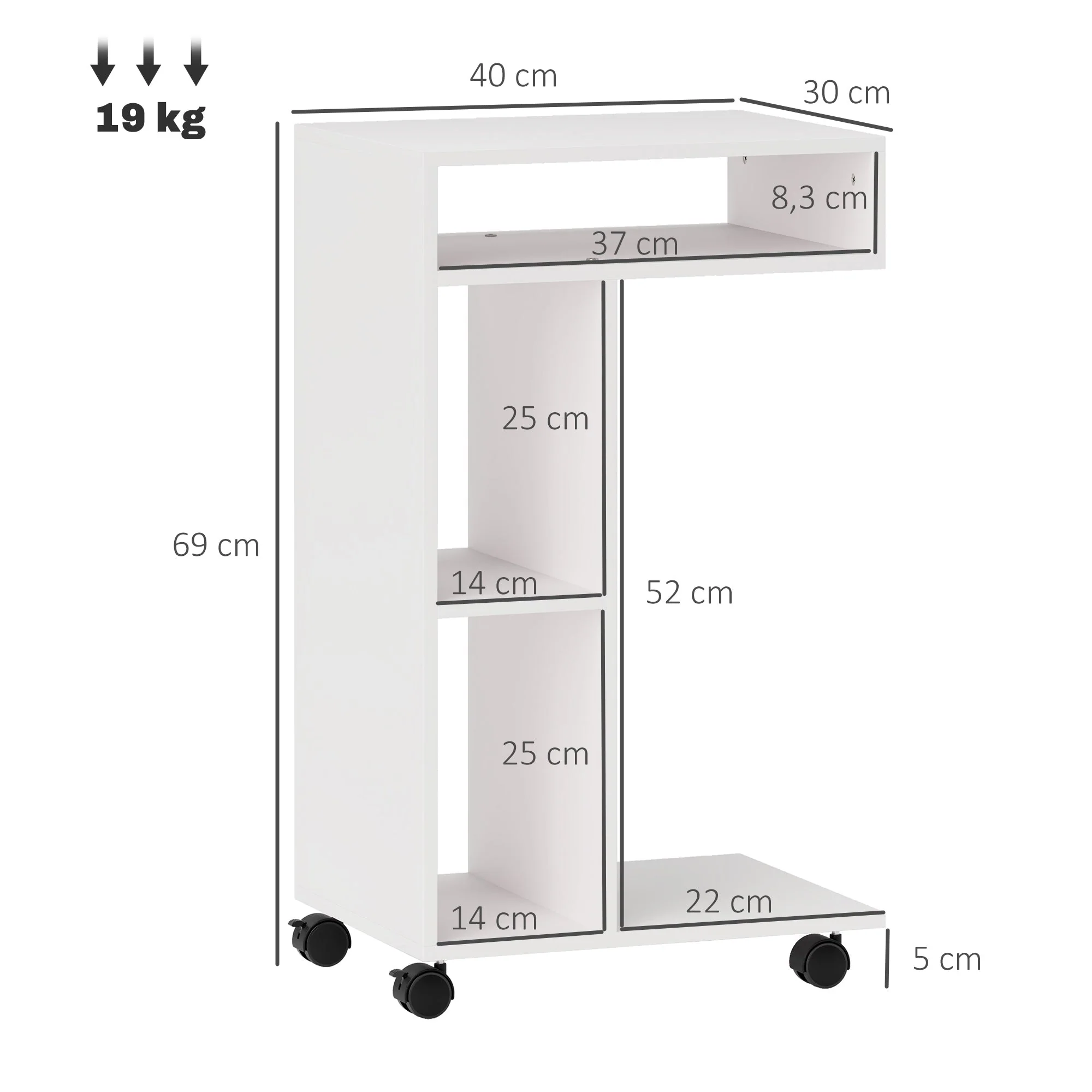 Side Table with Wheels, 4 Shelves, White - Image 3