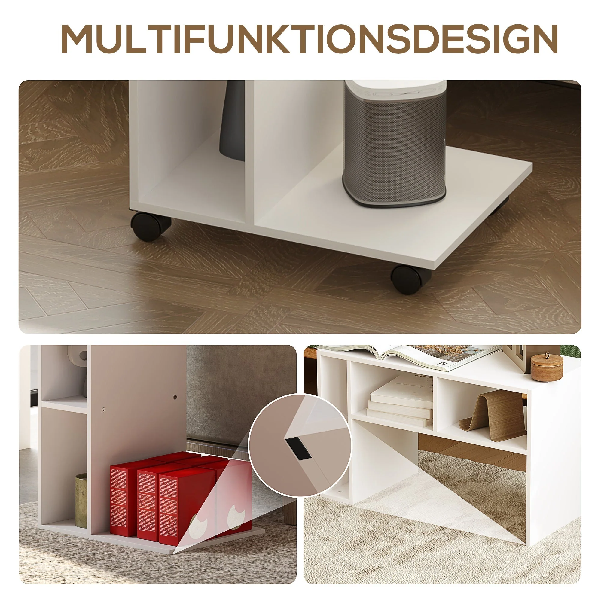 Side Table with Wheels, 4 Shelves, White - Image 4