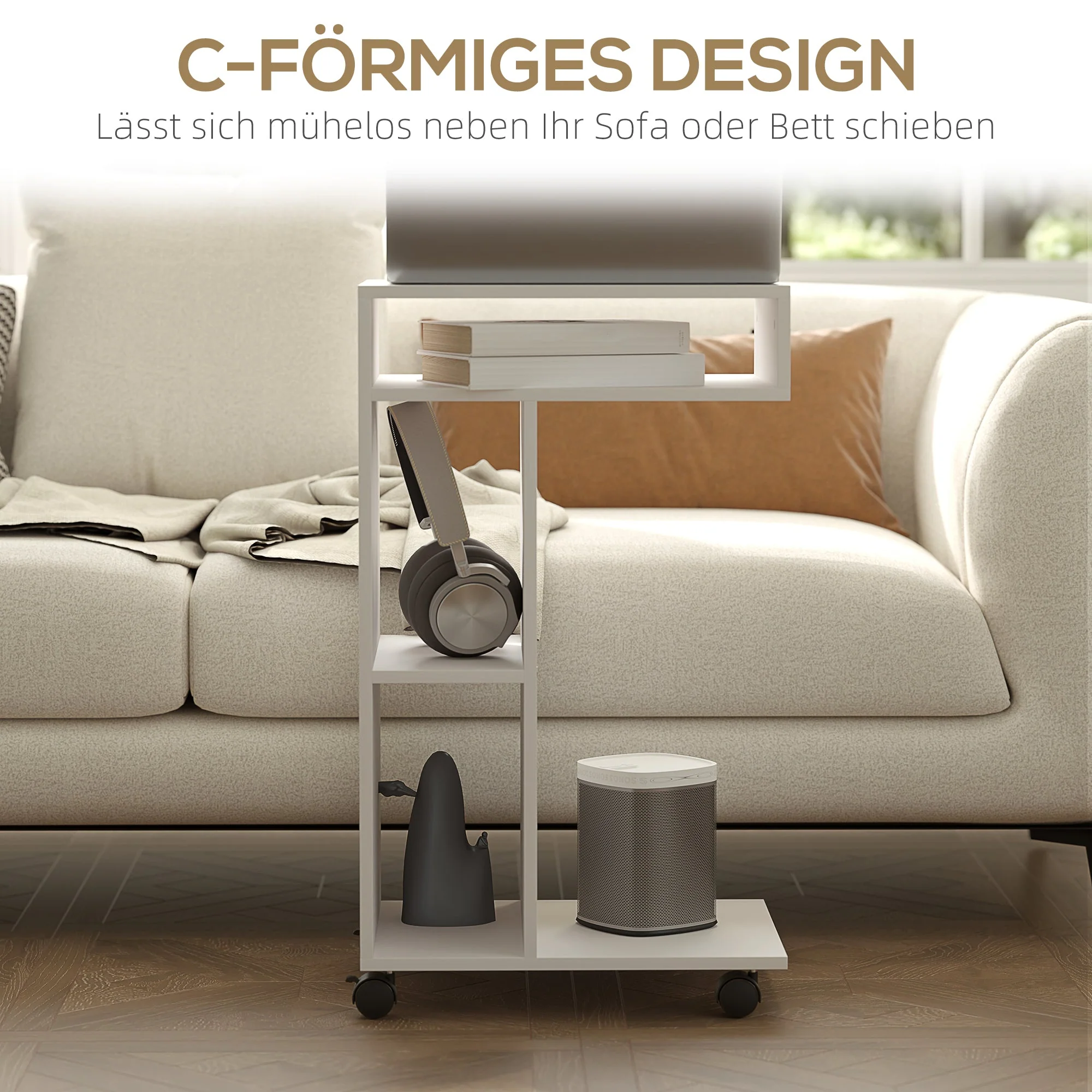Side Table with Wheels, 4 Shelves, White - Image 5