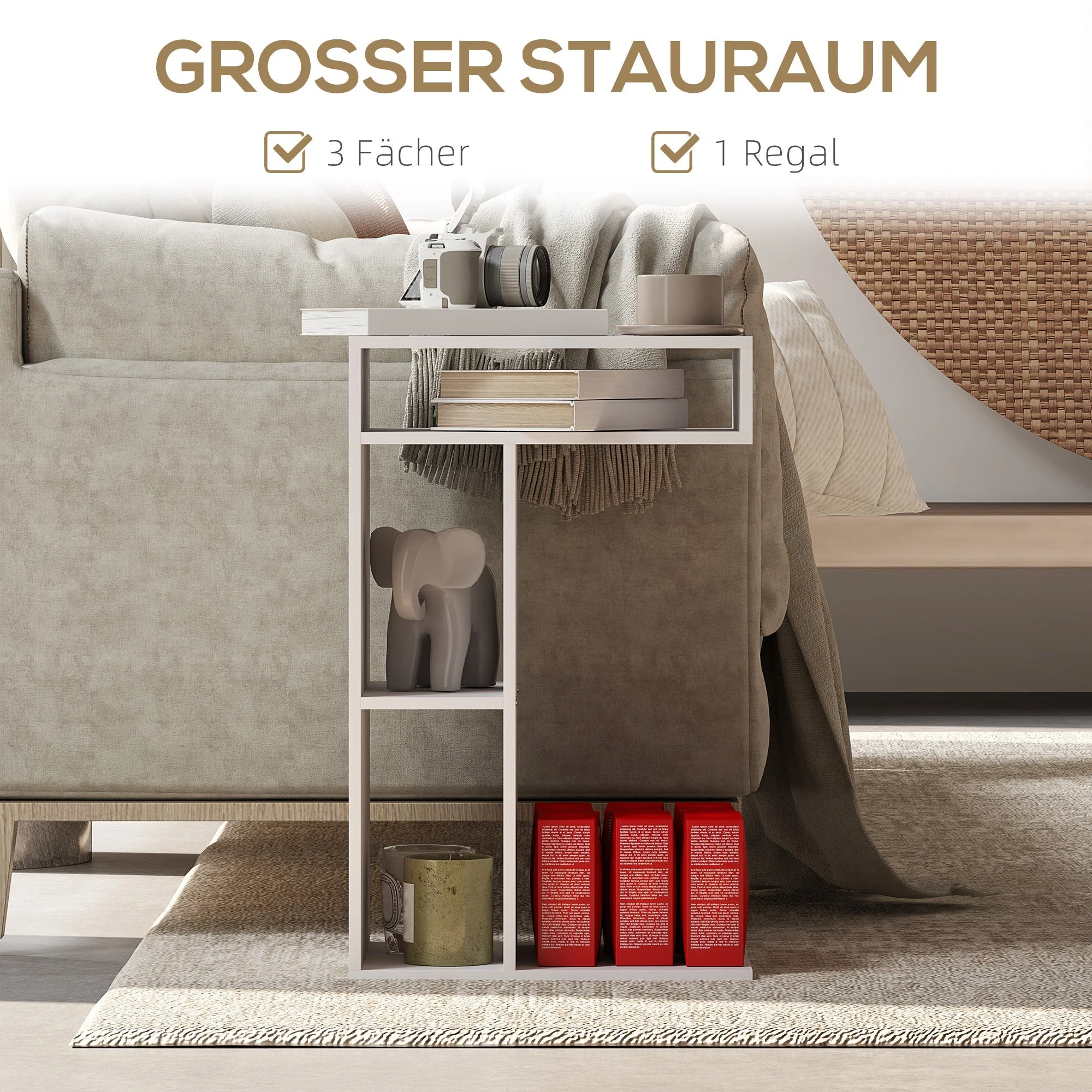 Side Table with Wheels, 4 Shelves, White - Image 6