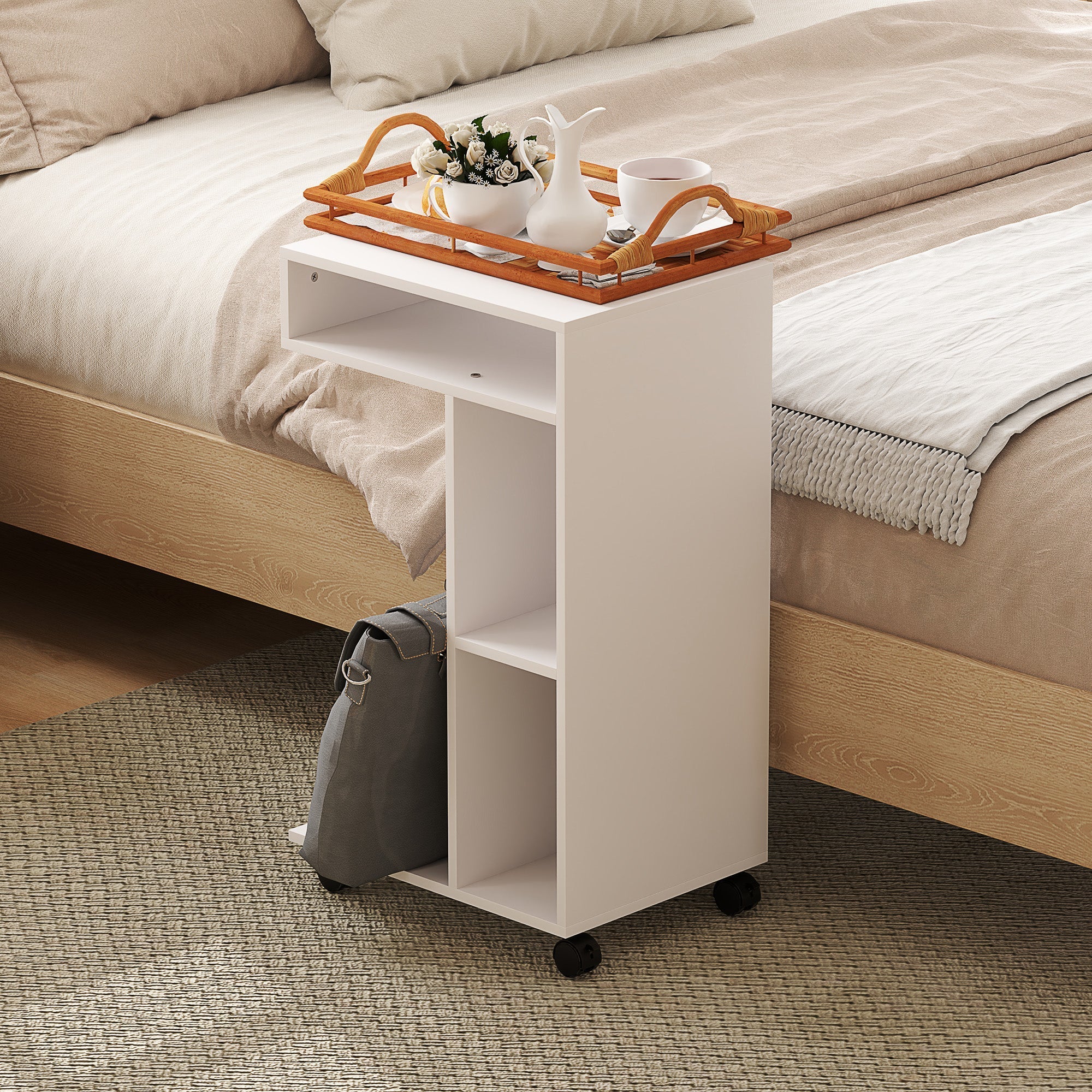 Side Table with Wheels, 4 Shelves, White - Image 7