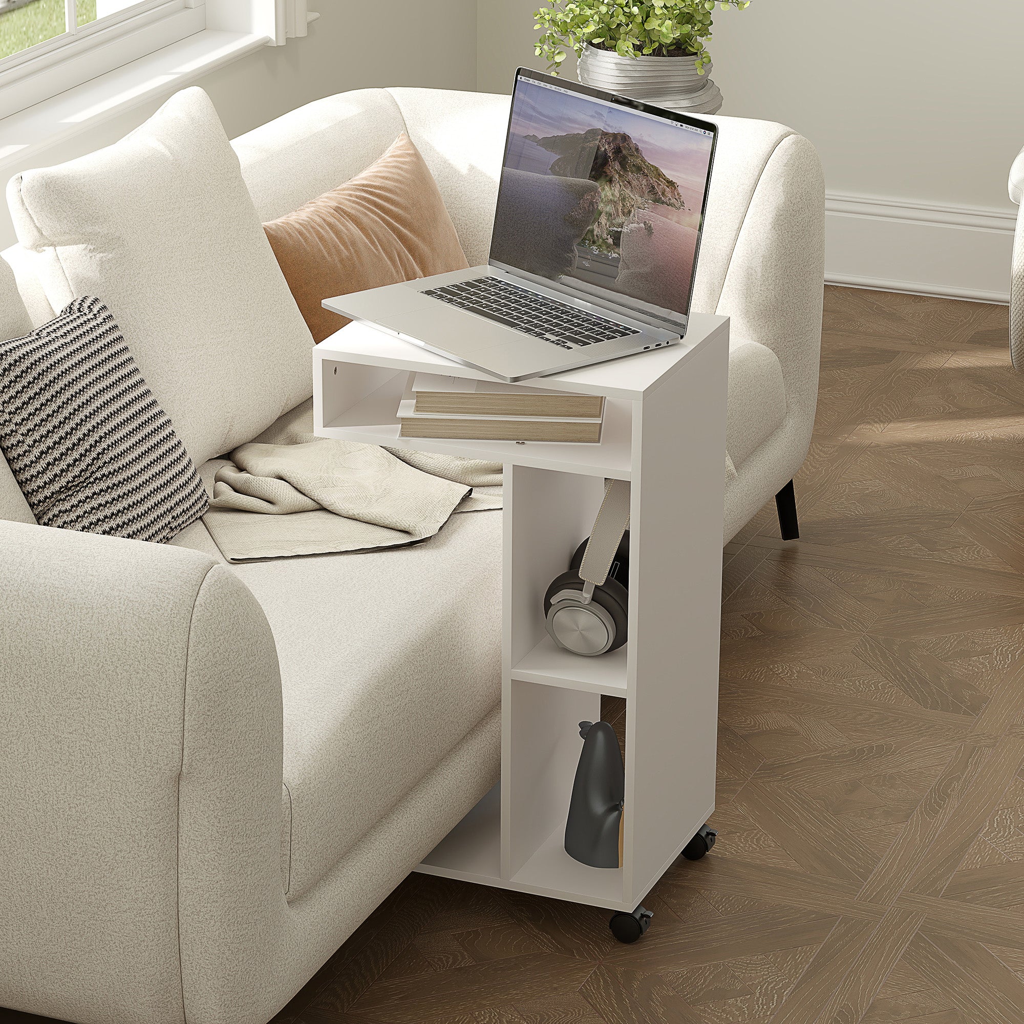 Side Table with Wheels, 4 Shelves, White - Image 8