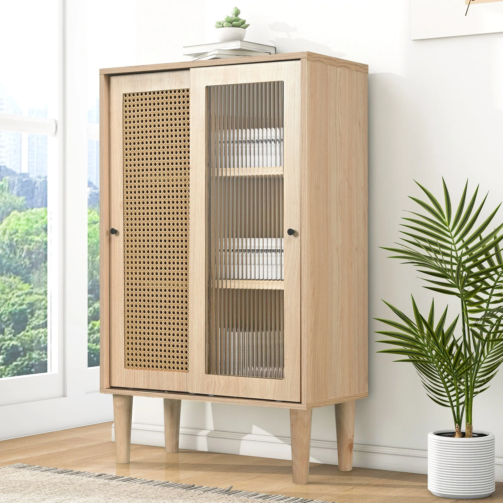 Sideboard, 100cm high, 6 compartments, wood with plastic rattan and glass