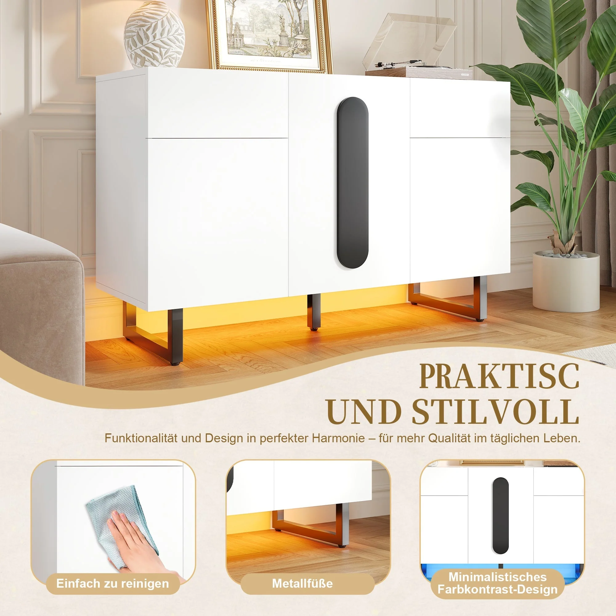 Sideboard 120cm Modern Storage Drawers Doors - White/Black - Image 9