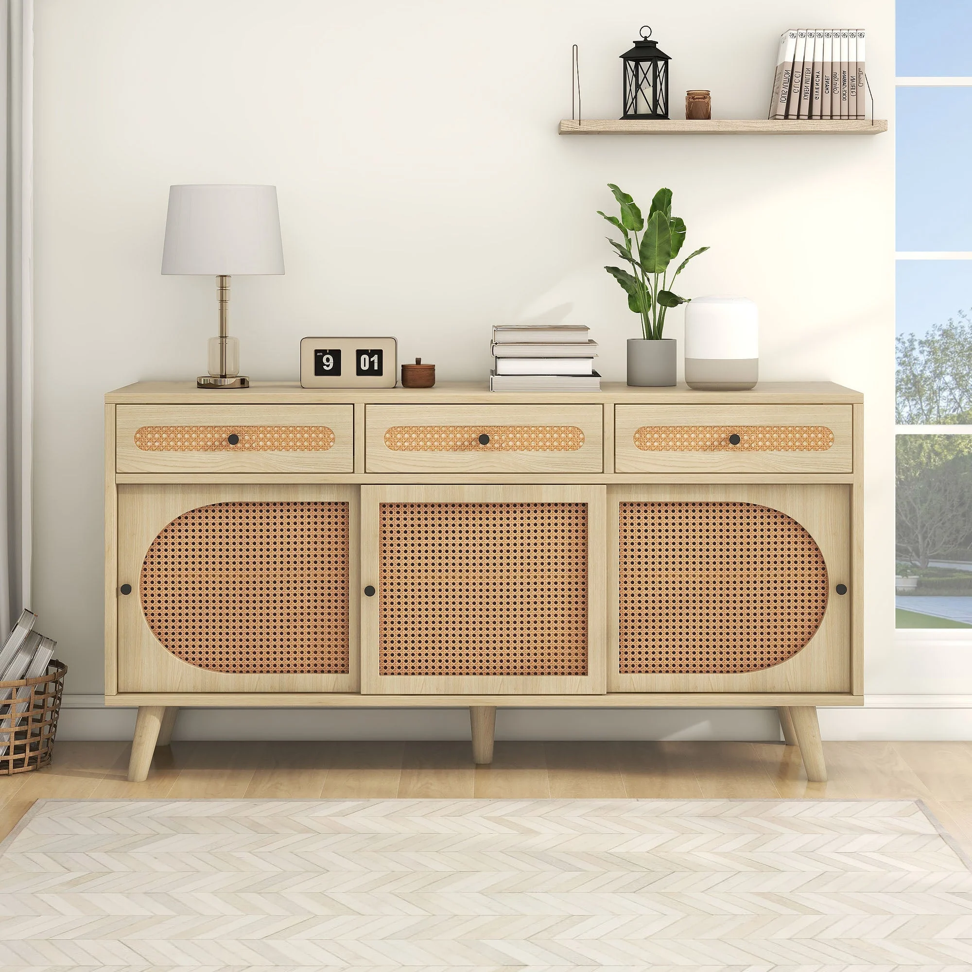 Sideboard, 140cm PE Rattan Door, 3 Drawers, Wooden