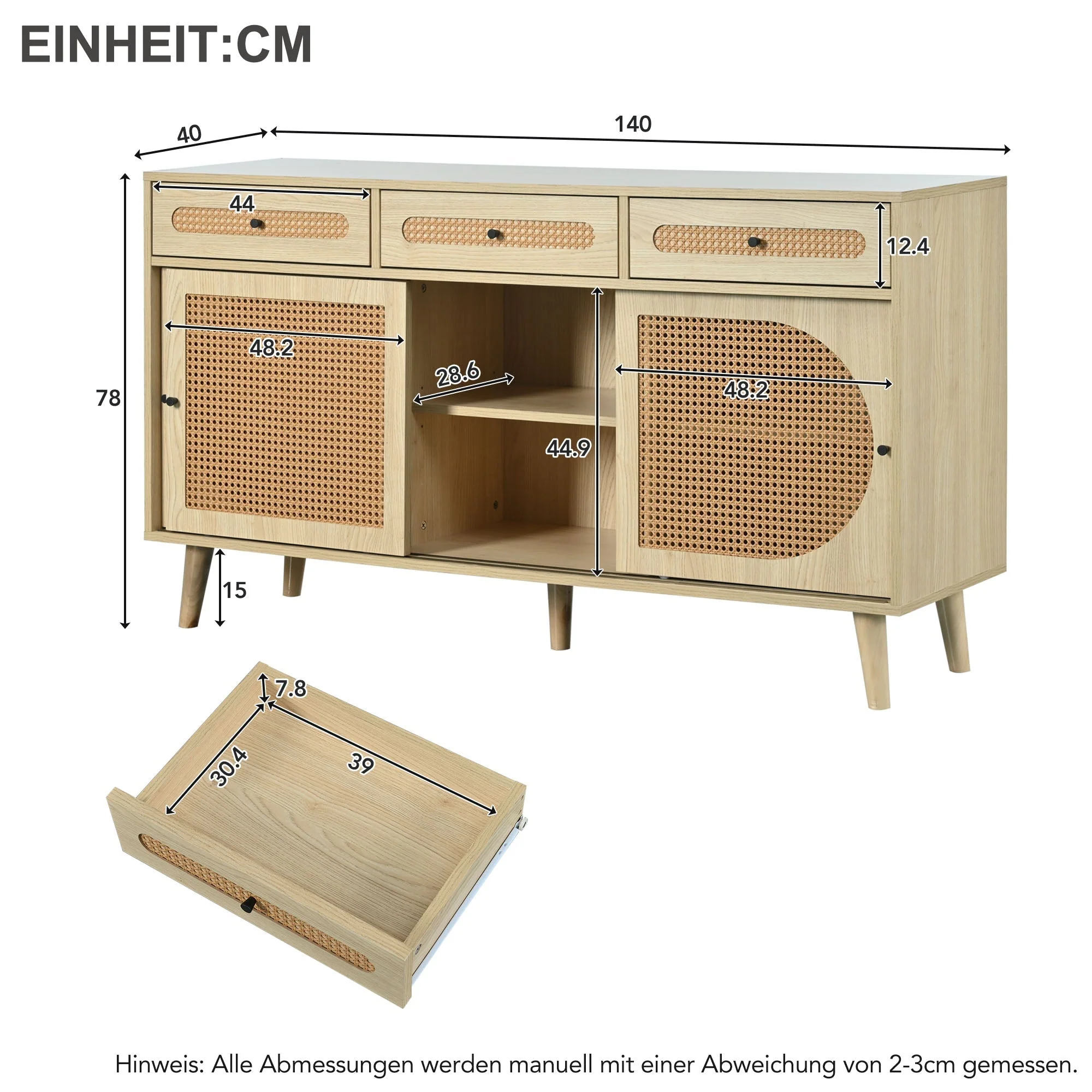 Sideboard, 140cm PE Rattan Door, 3 Drawers, Wooden - Image 10
