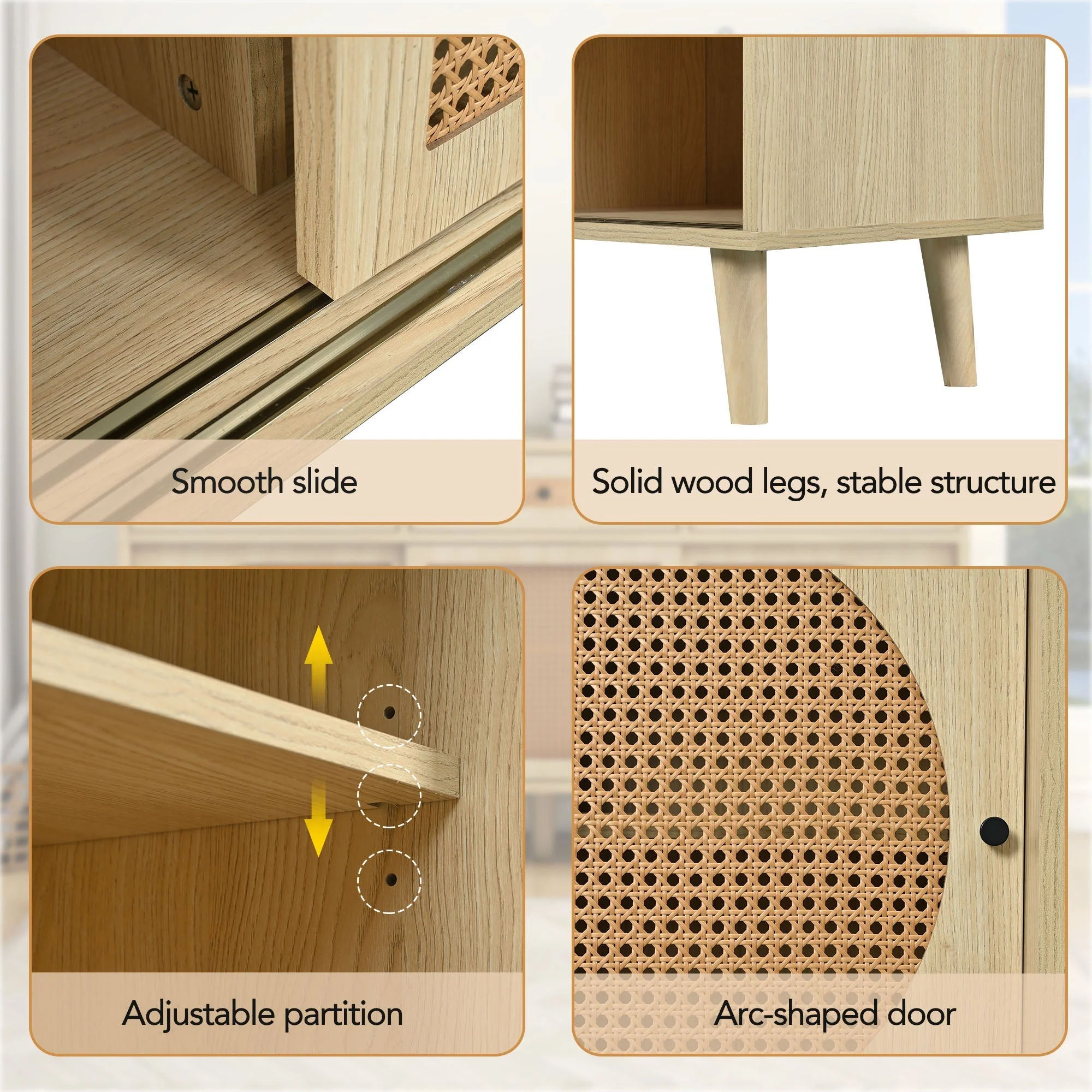 Sideboard, 140cm PE Rattan Door, 3 Drawers, Wooden - Image 3