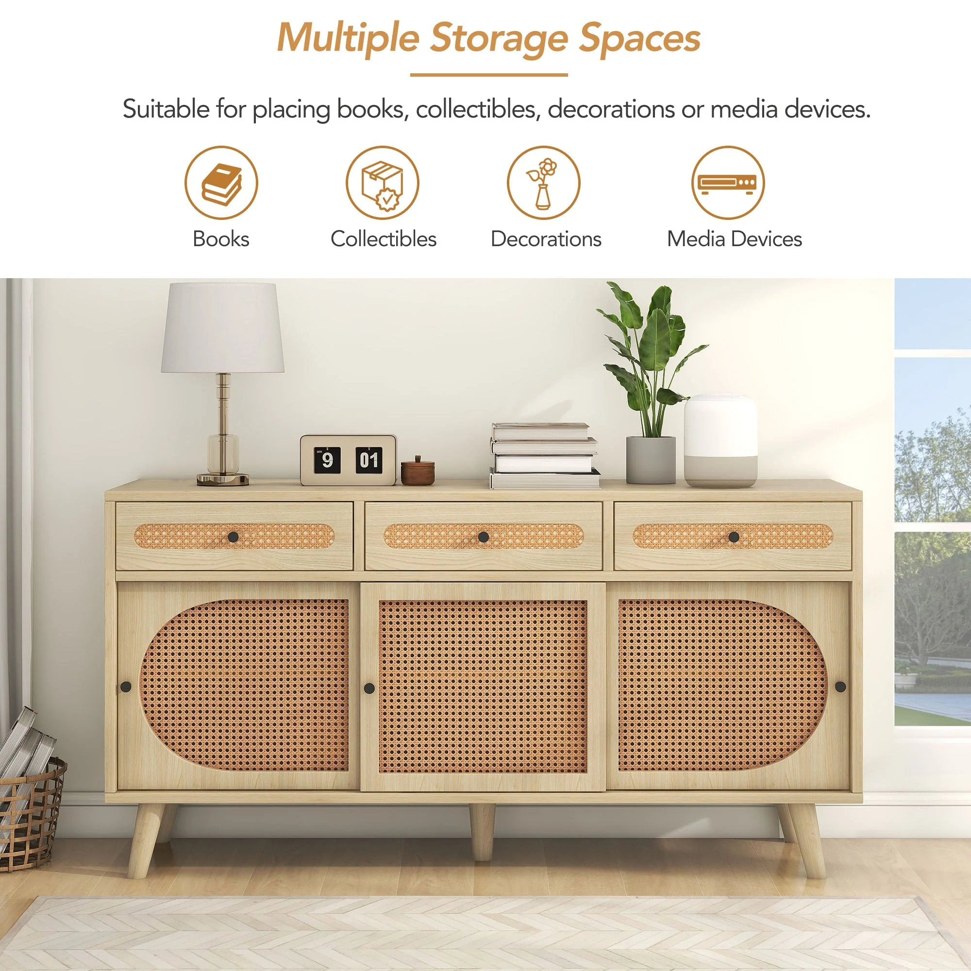Sideboard, 140cm PE Rattan Door, 3 Drawers, Wooden - Image 4
