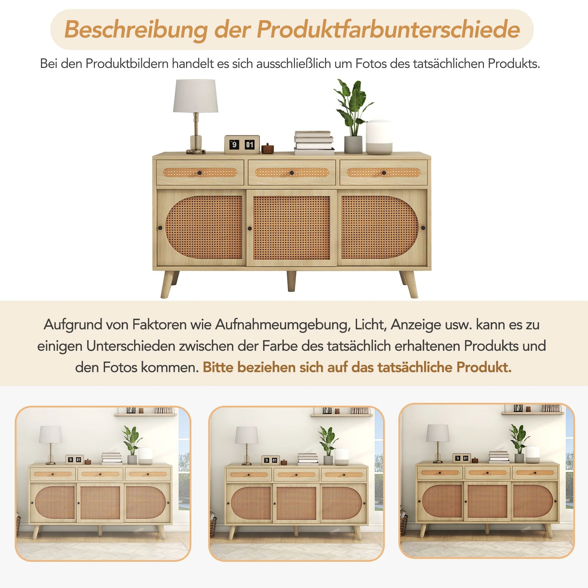 Sideboard, 140cm PE Rattan Door, 3 Drawers, Wooden - Image 5