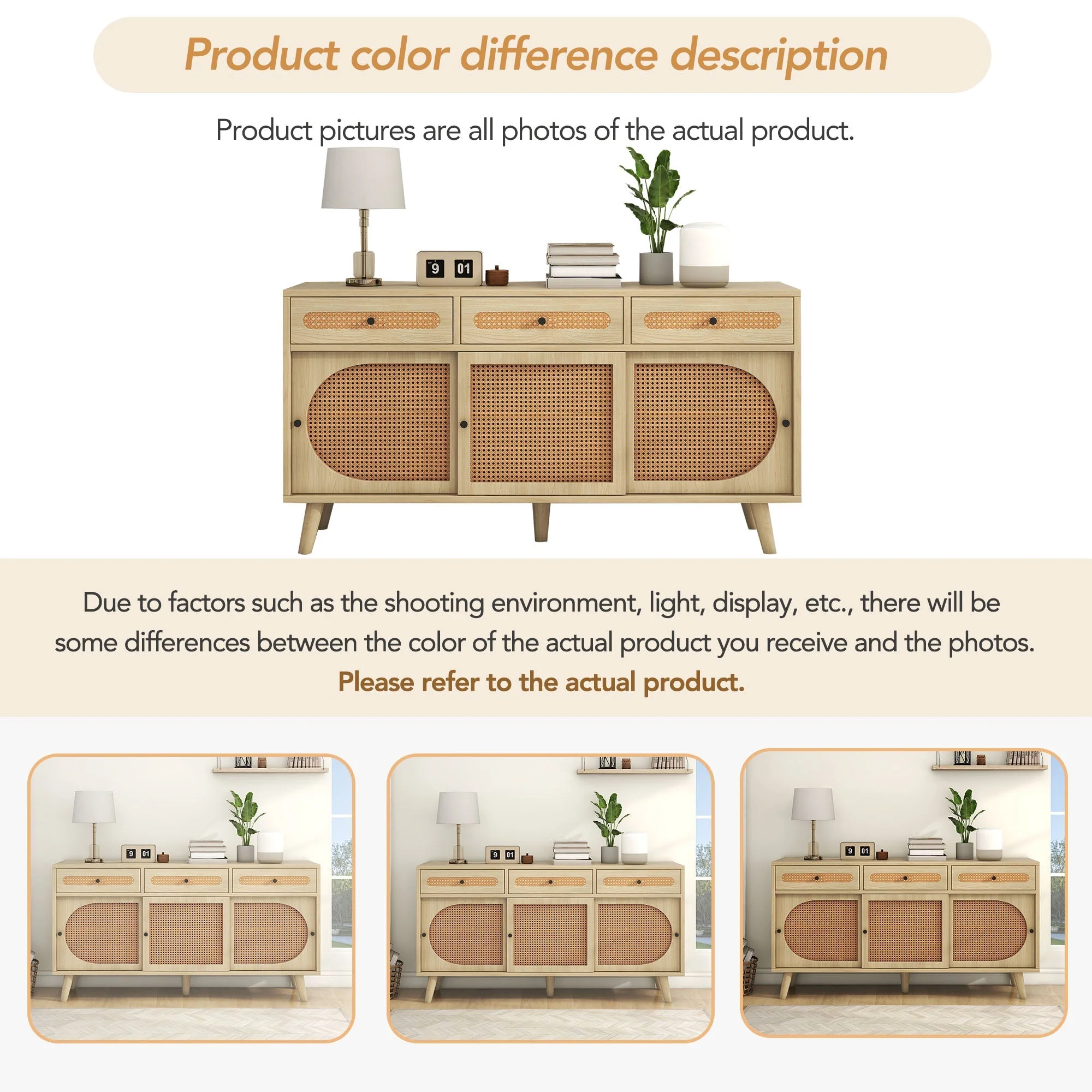 Sideboard, 140cm PE Rattan Door, 3 Drawers, Wooden - Image 6