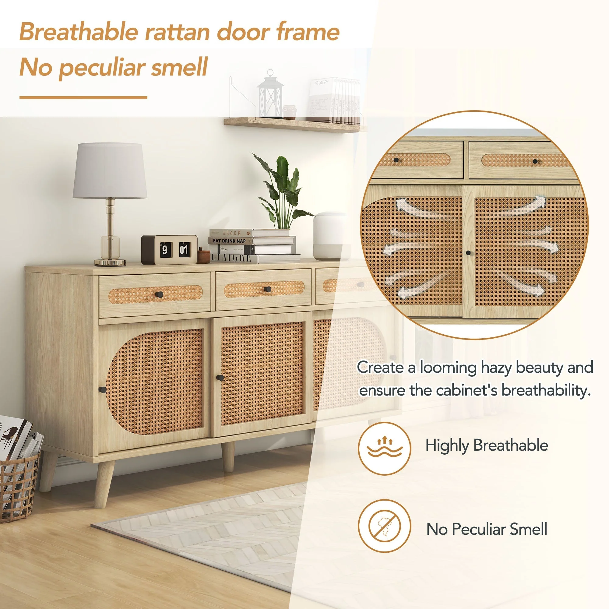 Sideboard, 140cm PE Rattan Door, 3 Drawers, Wooden - Image 7
