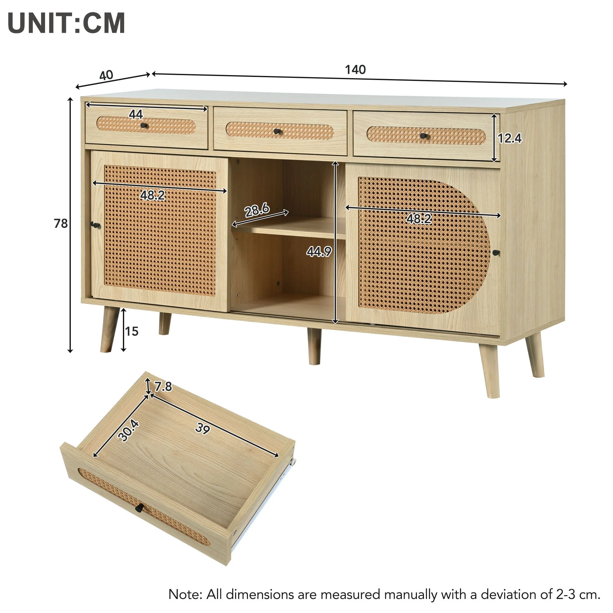 Sideboard, 140cm PE Rattan Door, 3 Drawers, Wooden - Image 8