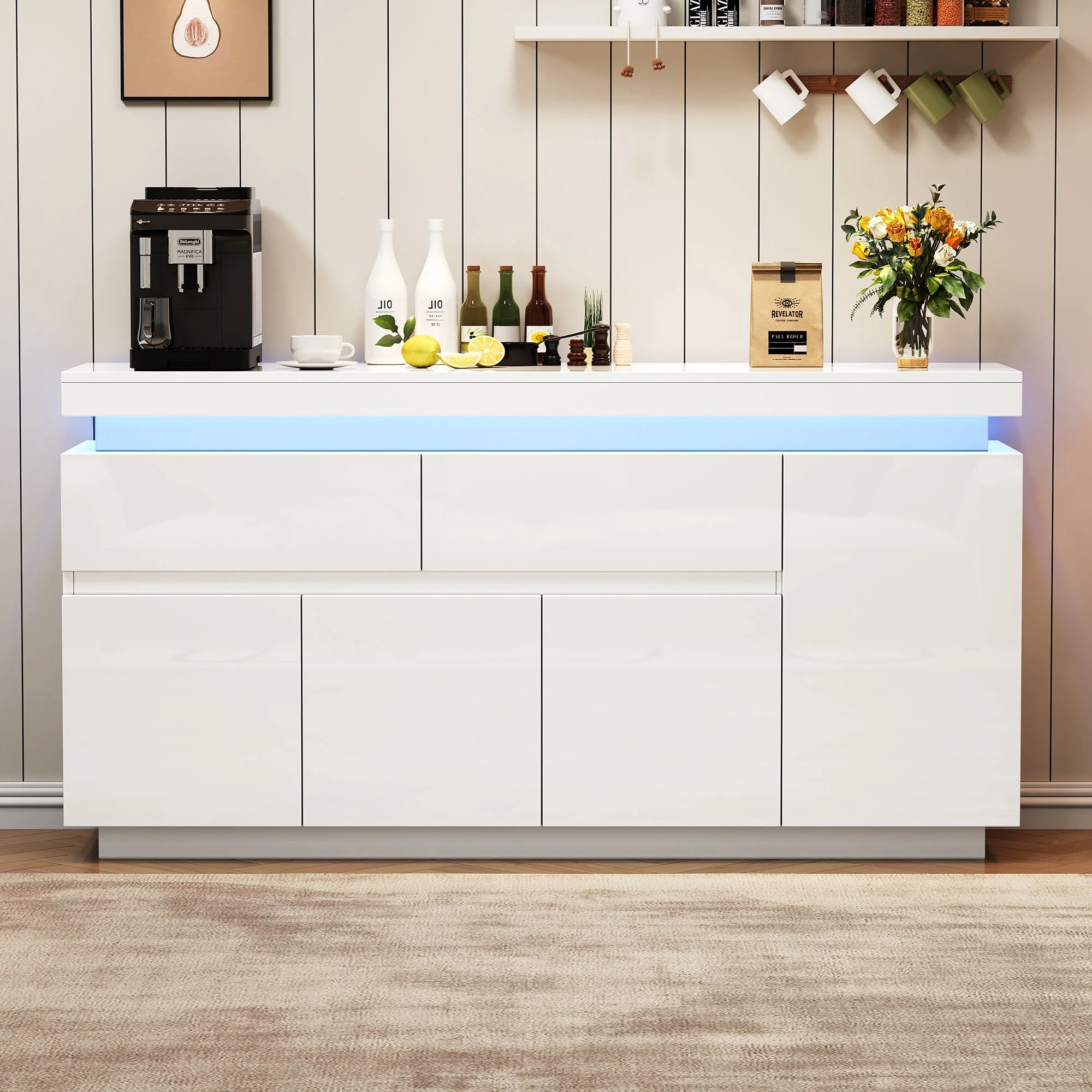 Sideboard 140x35x72.5cm High-Gloss LED 2 Drawers 4 Doors - White