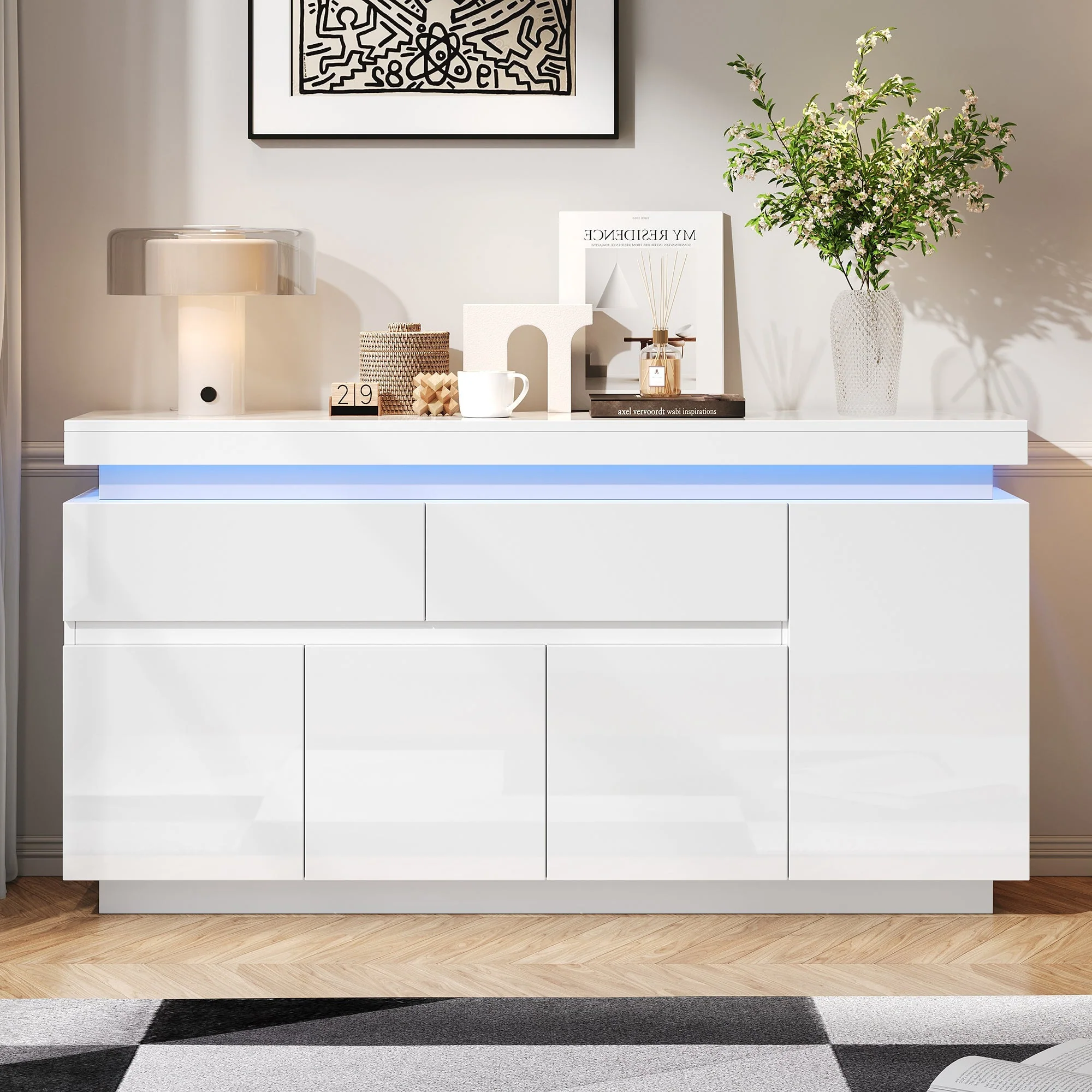 Sideboard 140x35x72.5cm High-Gloss LED 2 Drawers 4 Doors - White - Image 2