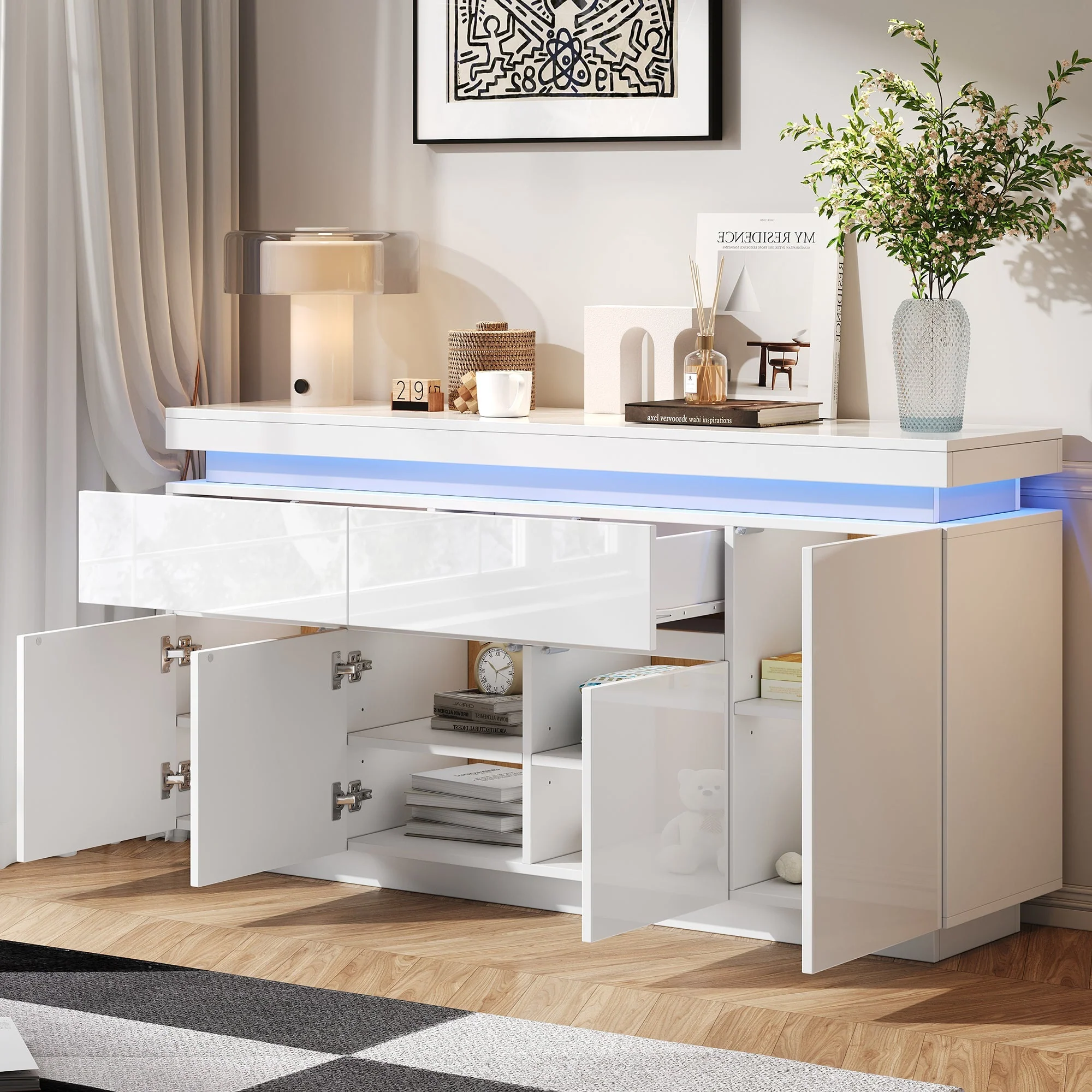 Sideboard 140x35x72.5cm High-Gloss LED 2 Drawers 4 Doors - White - Image 6