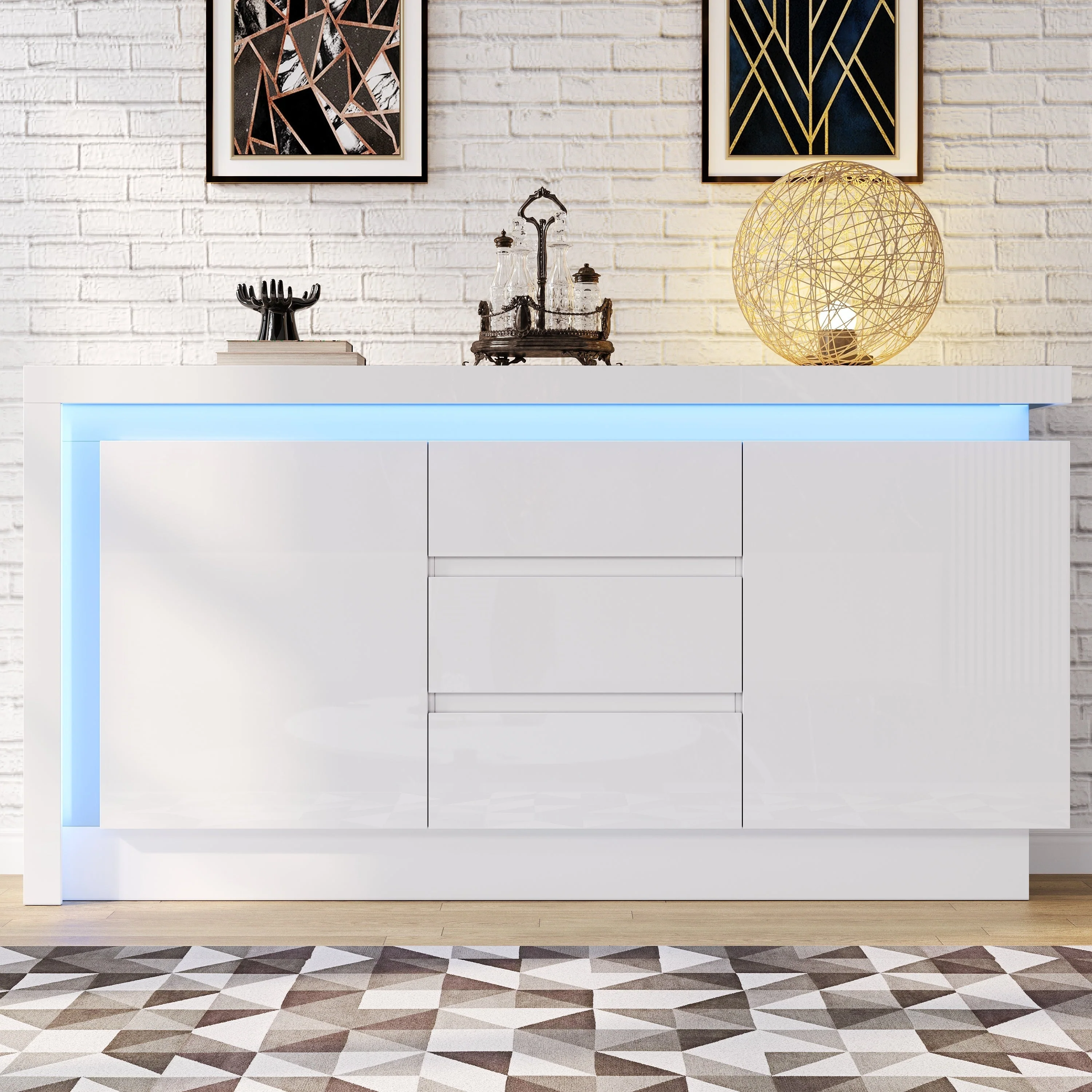 Sideboard, 140x35x72cm, 3 Drawers, 2 Doors, Adjustable Shelves, LED, High-Gloss White - Image 3
