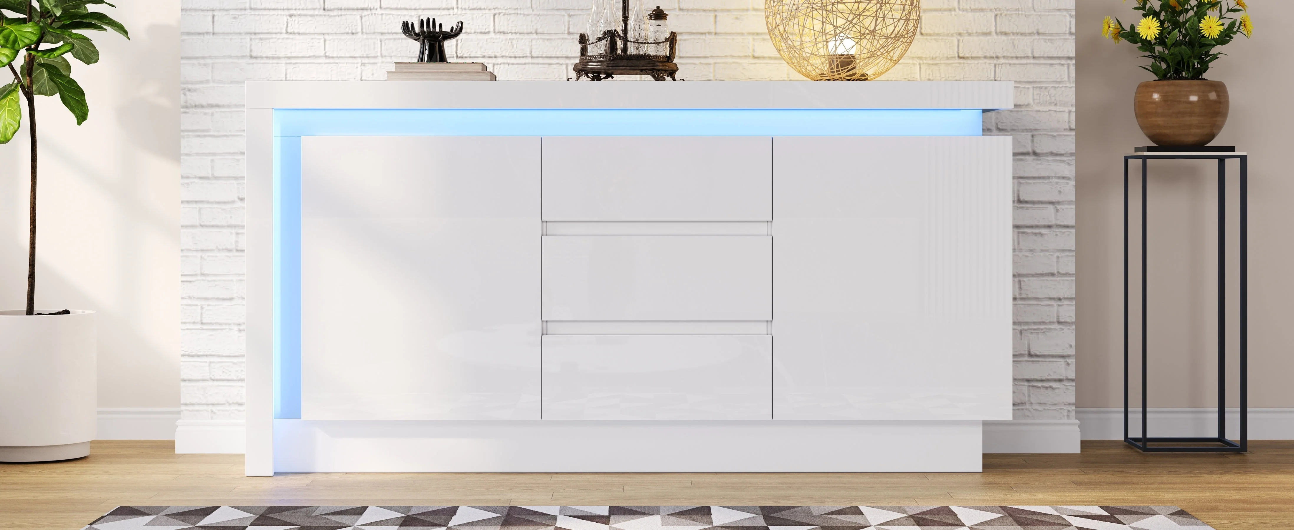 Sideboard, 140x35x72cm, 3 Drawers, 2 Doors, Adjustable Shelves, LED, High-Gloss White - Image 4