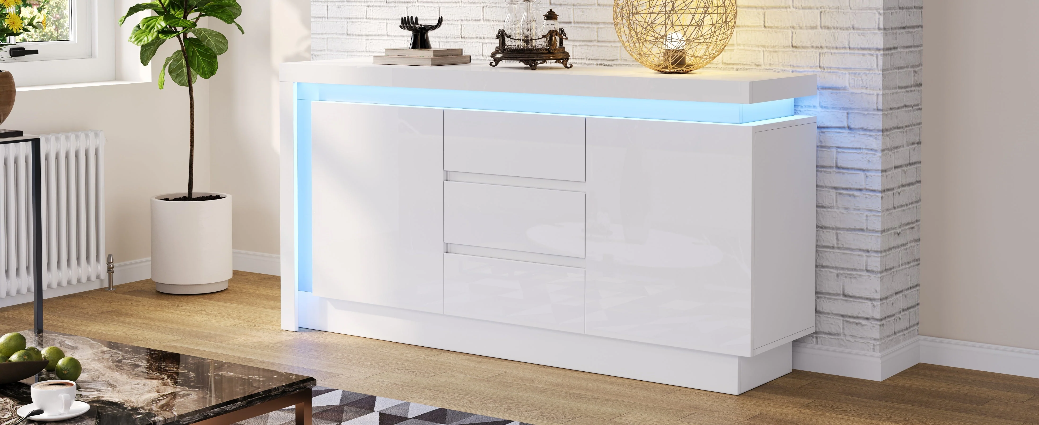 Sideboard, 140x35x72cm, 3 Drawers, 2 Doors, Adjustable Shelves, LED, High-Gloss White - Image 5
